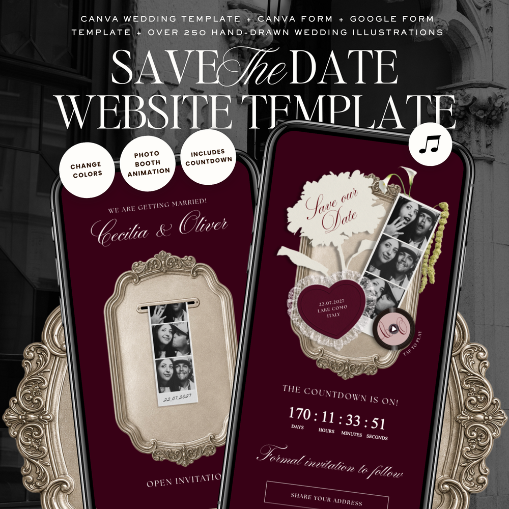 Save The Date Wedding Website Template (Photo Booth Animation 01 - Burgundy)