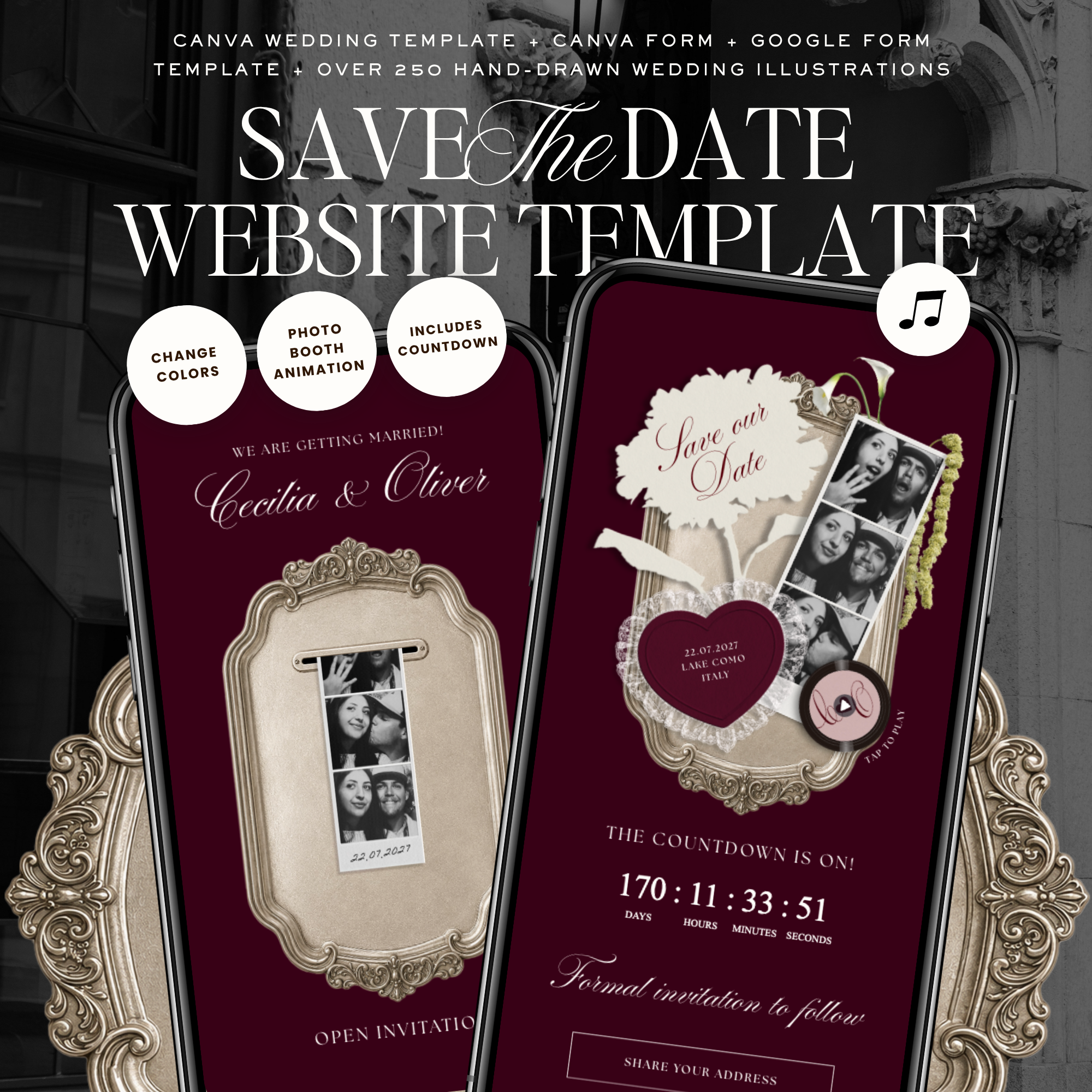 Save The Date Wedding Website Template (Photo Booth Animation 01 - Burgundy)