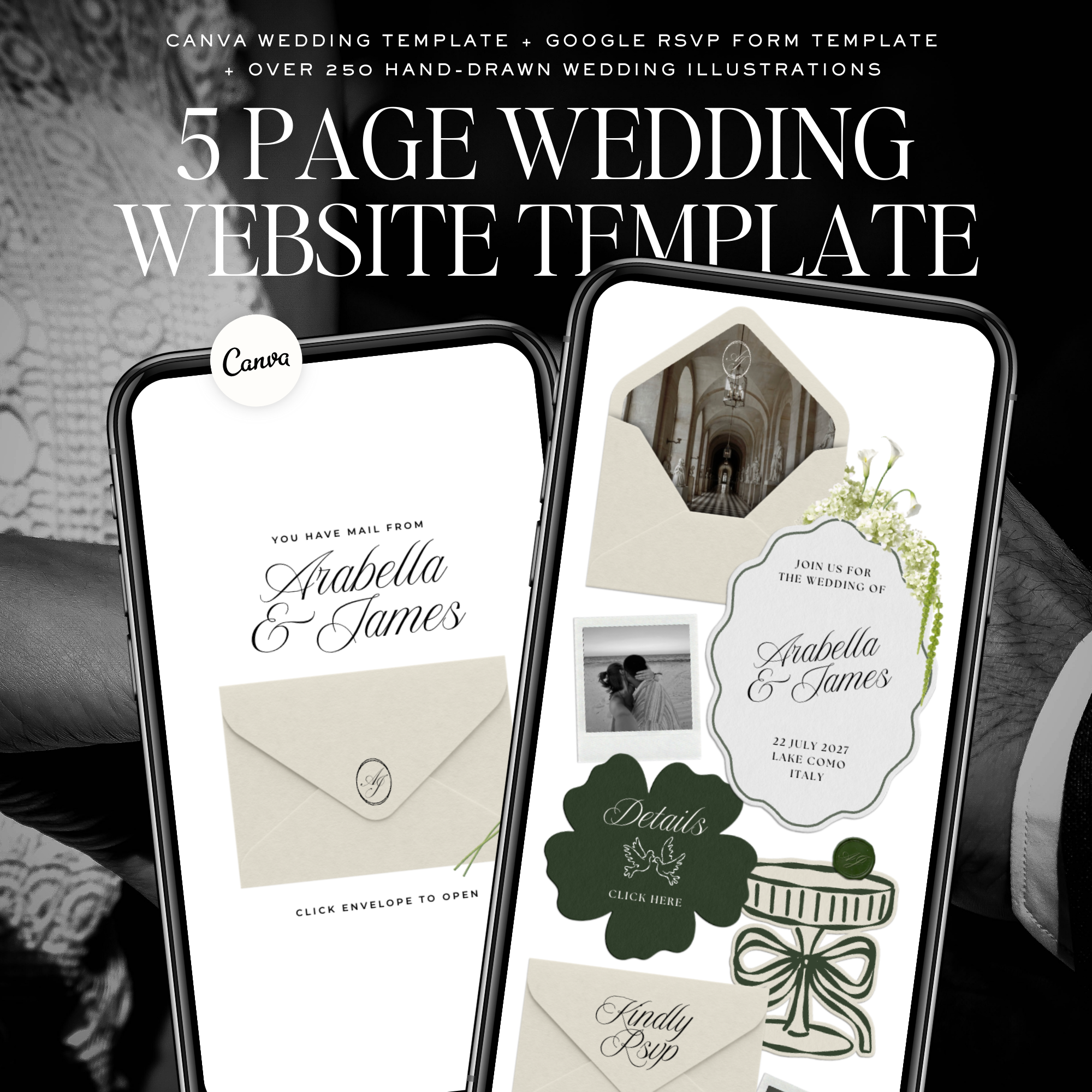 Wedding Website Template with RSVP (White & Green)