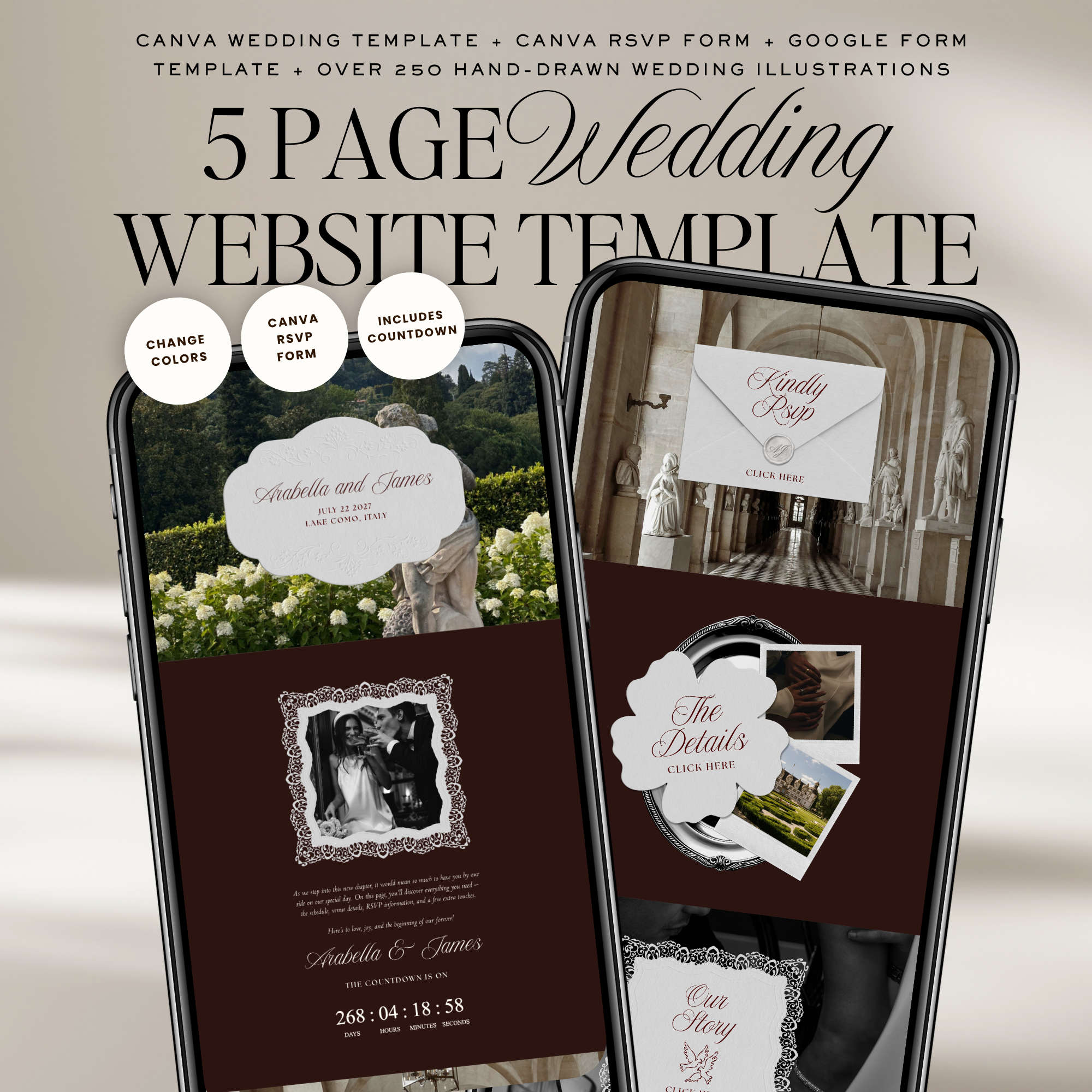 Old Money Wedding Website Template with RSVP (Burgundy)
