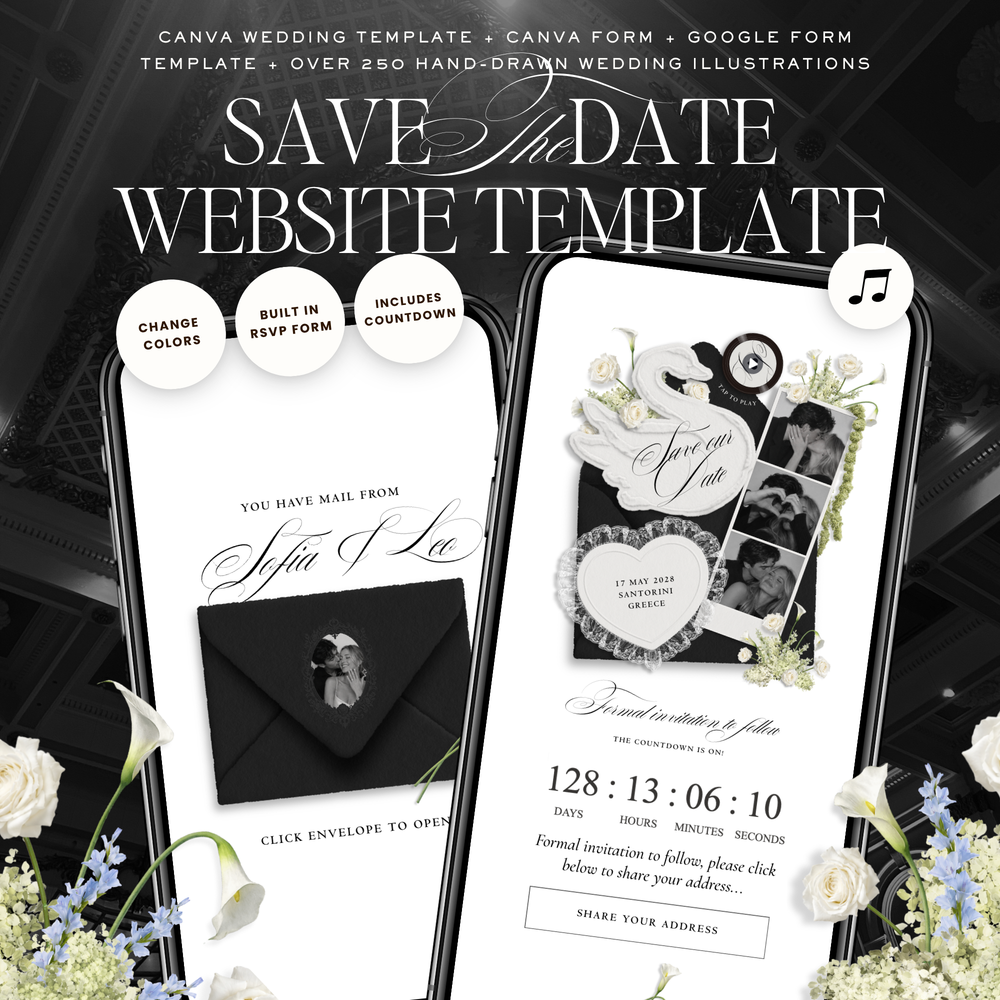 Save The Date Wedding Website Template (Envelope 05 - Black + White)