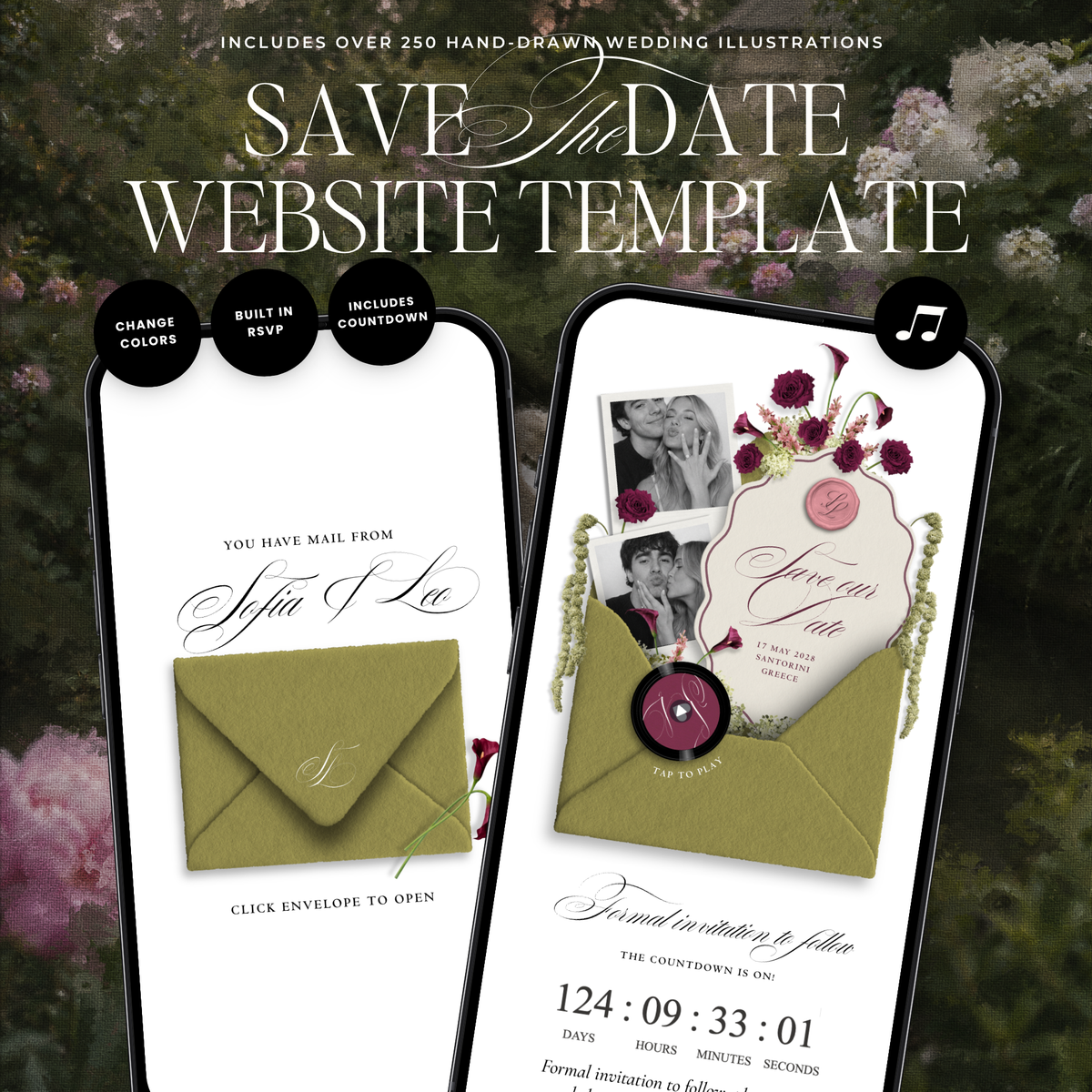 Save The Date Wedding Website Template (Envelope 06 - Chartreuse, Pink + Burgundy)