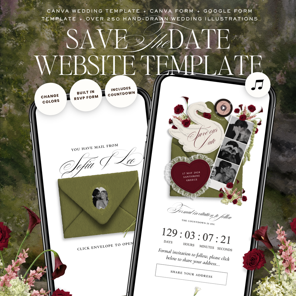 Save The Date Wedding Website Template (Envelope 05 - Green, Pink + Burgundy)