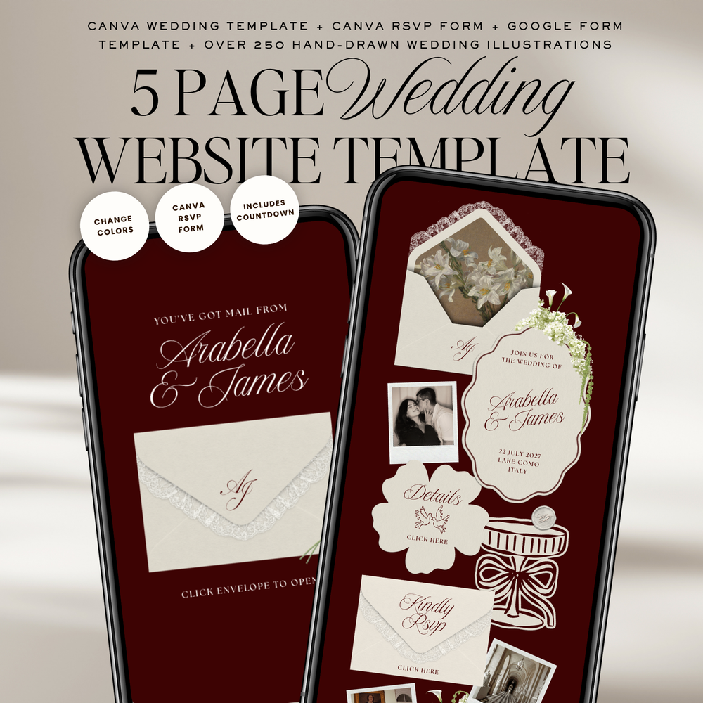Old Money Wedding Website Template with RSVP (Burgundy)