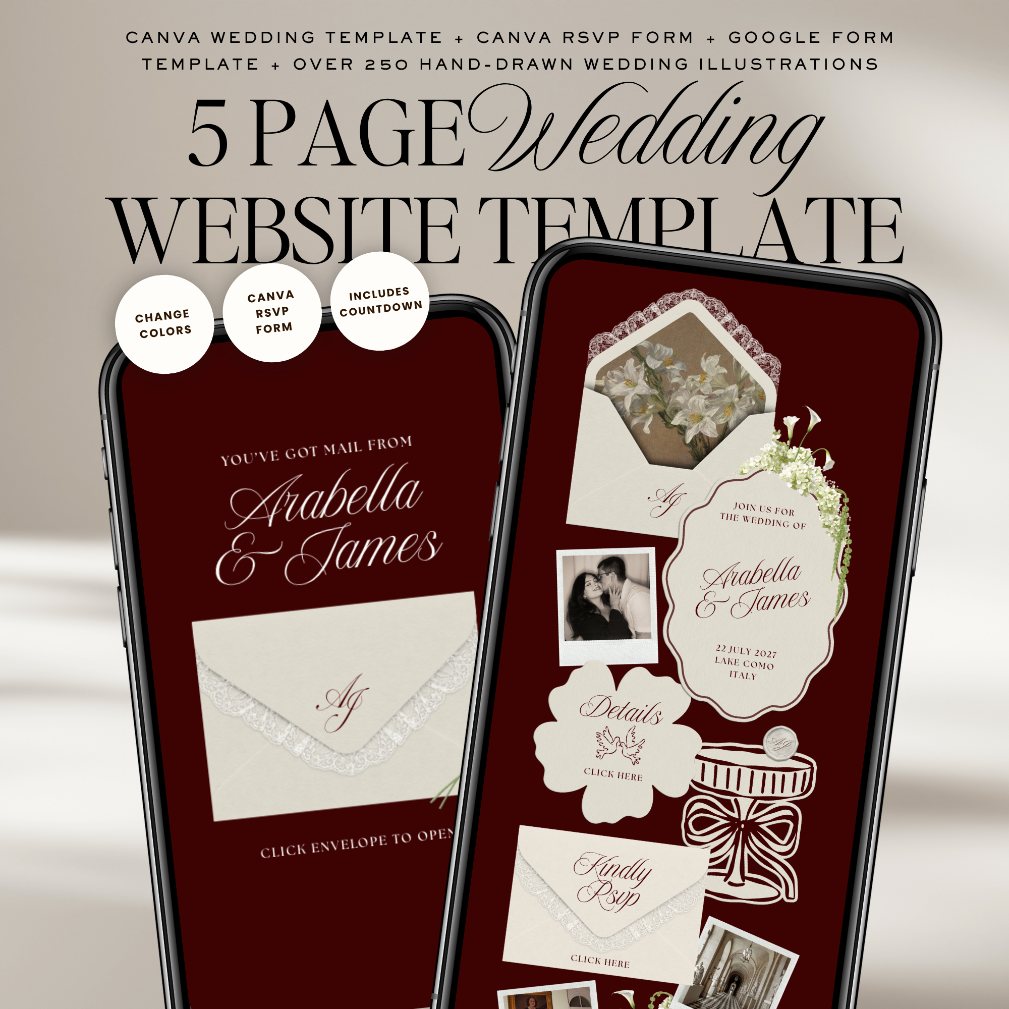 Old Money Wedding Website Template with RSVP (Burgundy)
