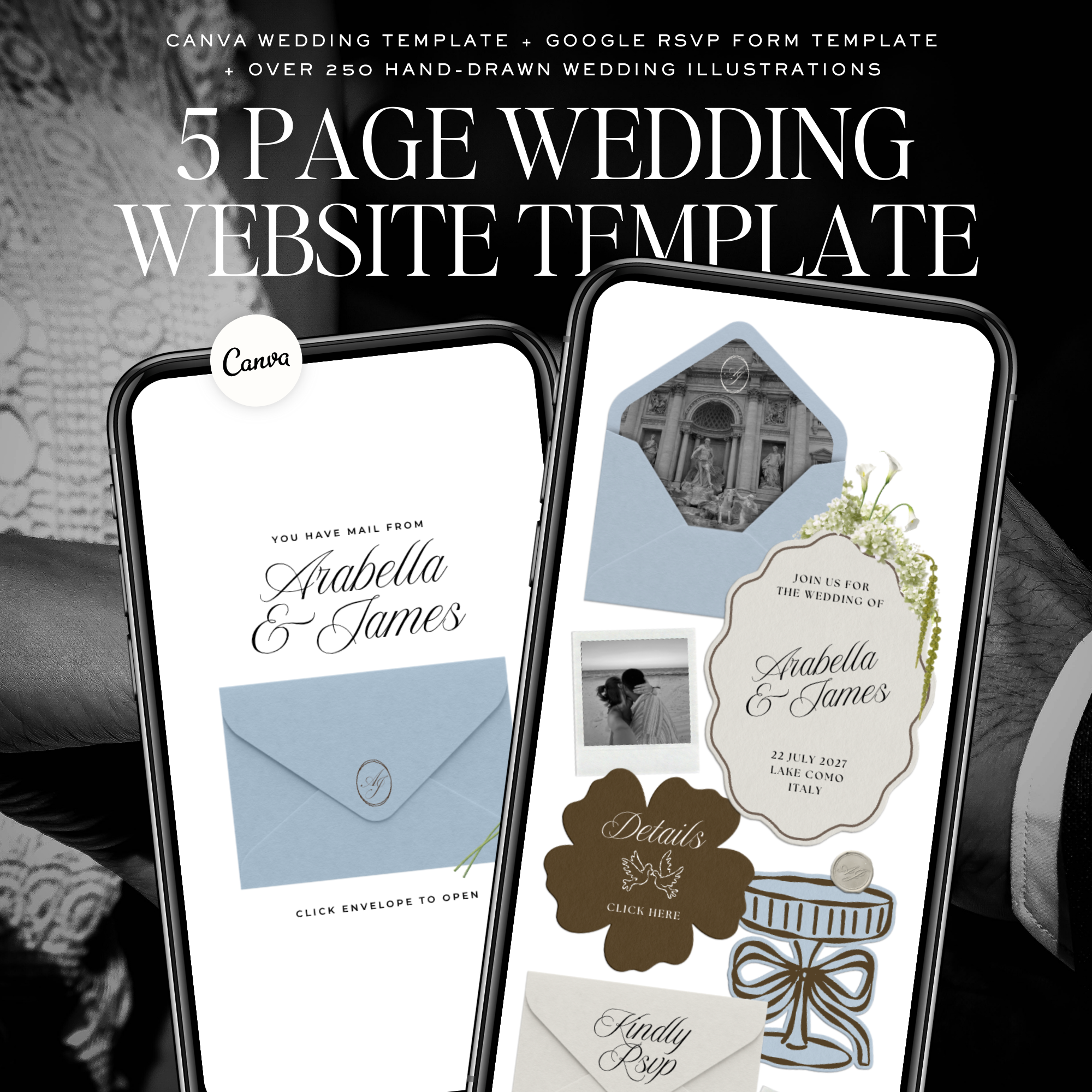 Wedding Website Template with RSVP (Brown & Dusty Blue)