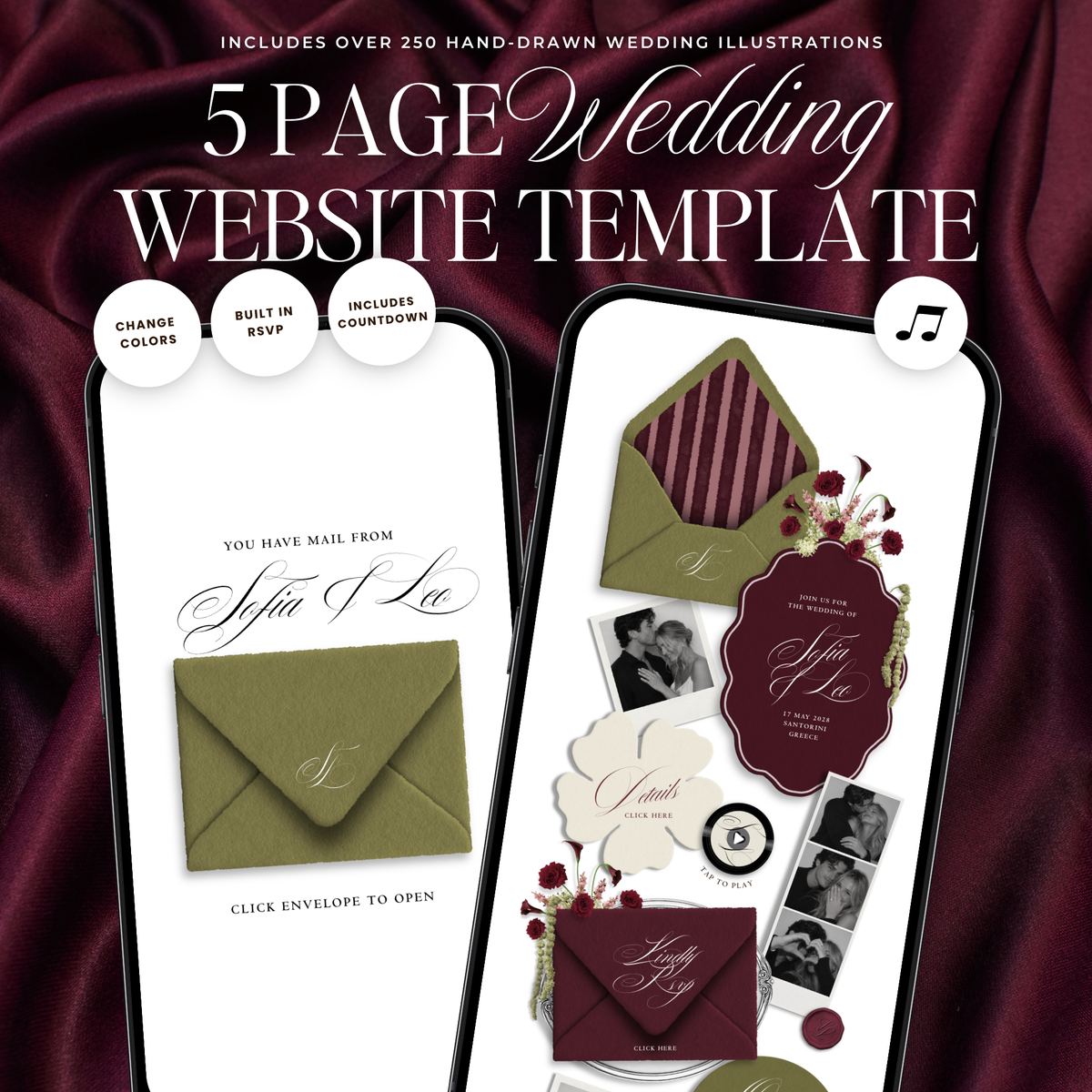 Wedding Website Template with RSVP (Envelope 06 - Green + Burgundy)