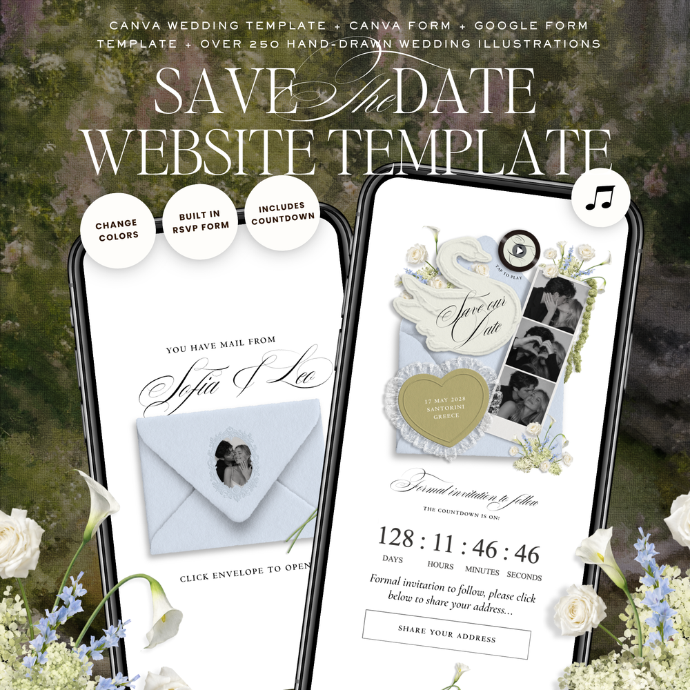 Save The Date Wedding Website Template (Envelope 05 - Blue + Green)