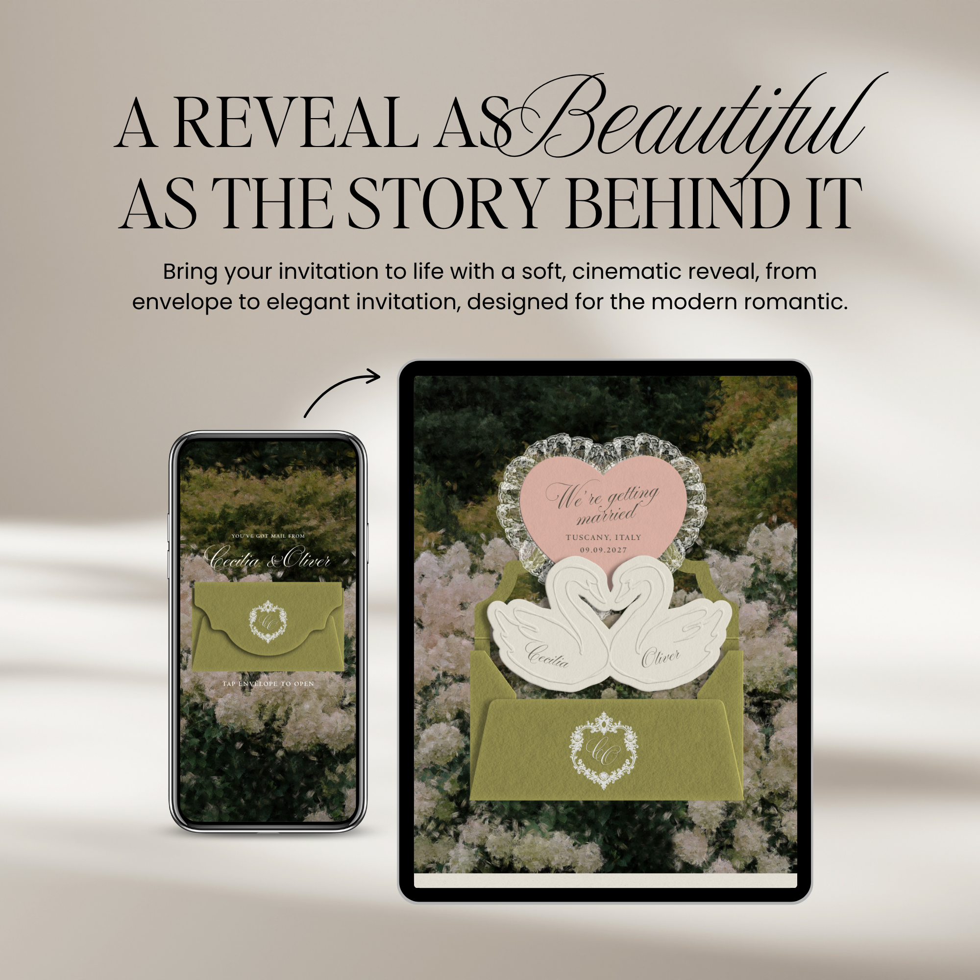 Heirloom Lace & Swan Wedding Website Template with RSVP (Green & Pink)