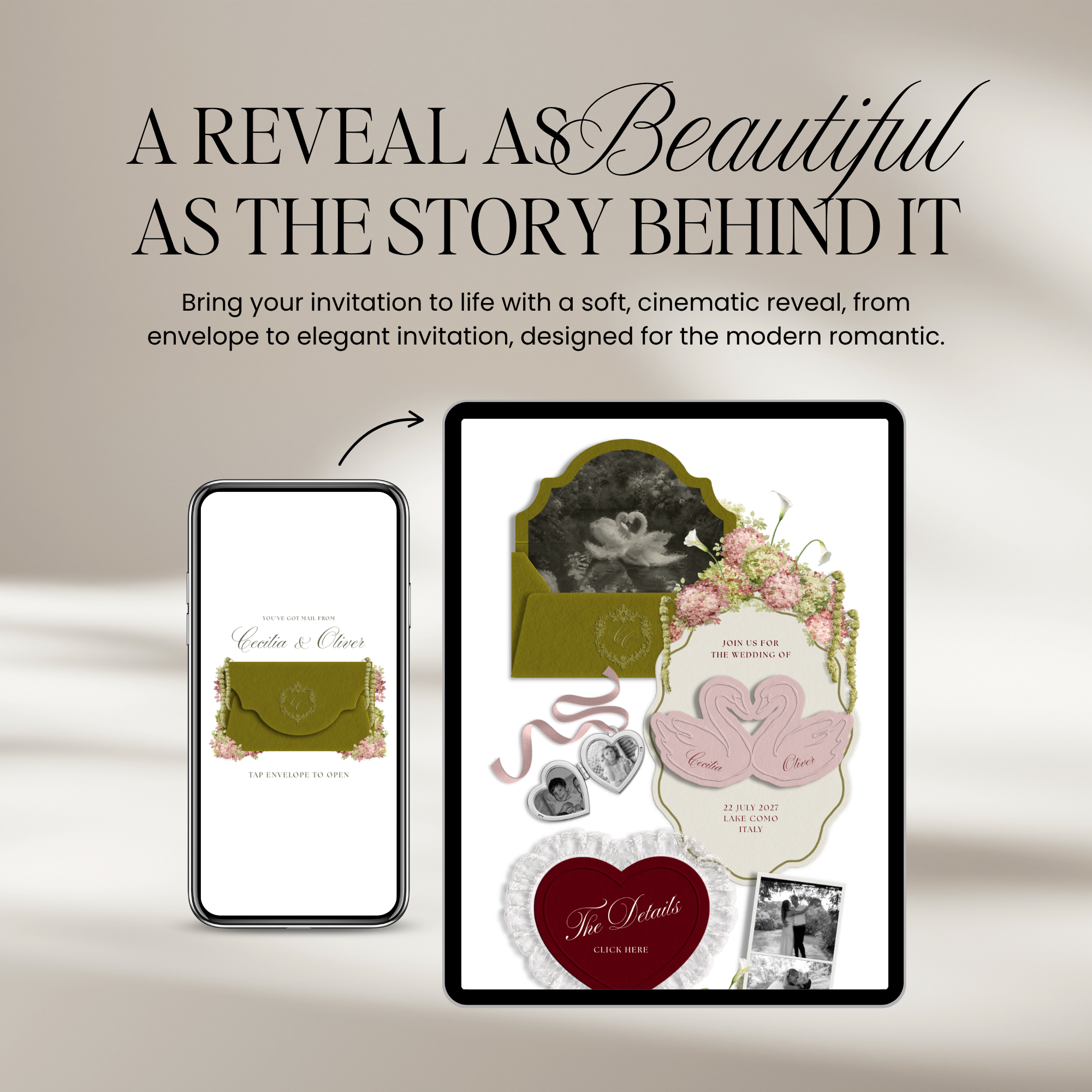 Wedding Website Template with RSVP (Envelope 04 - Olive Green & Burgundy)