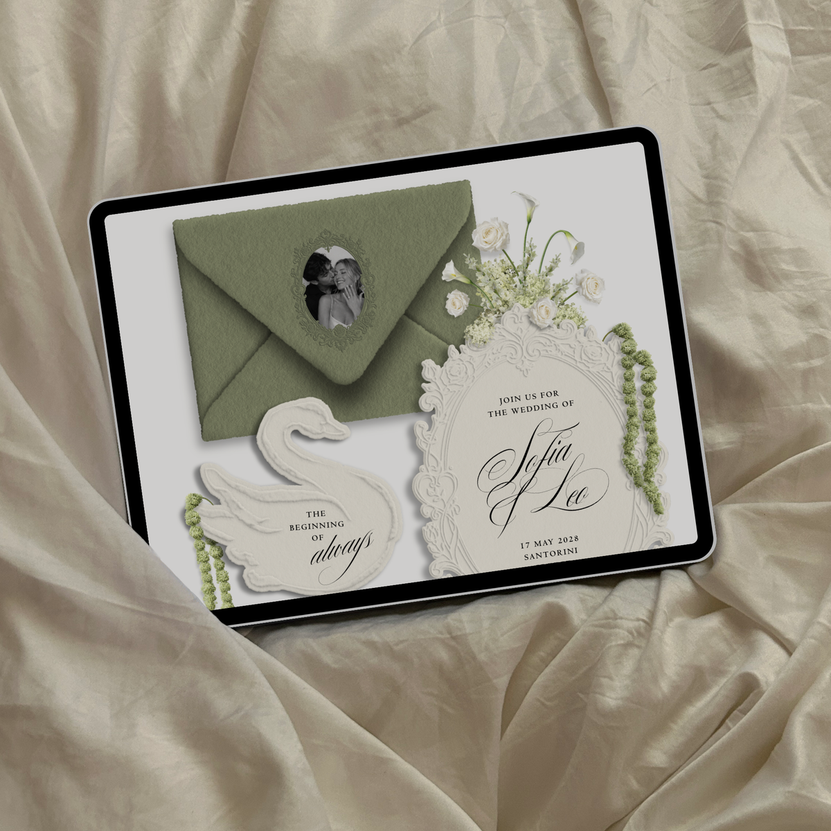 Wedding Website Template with RSVP (Envelope 05 - Sage Green + Ivory)