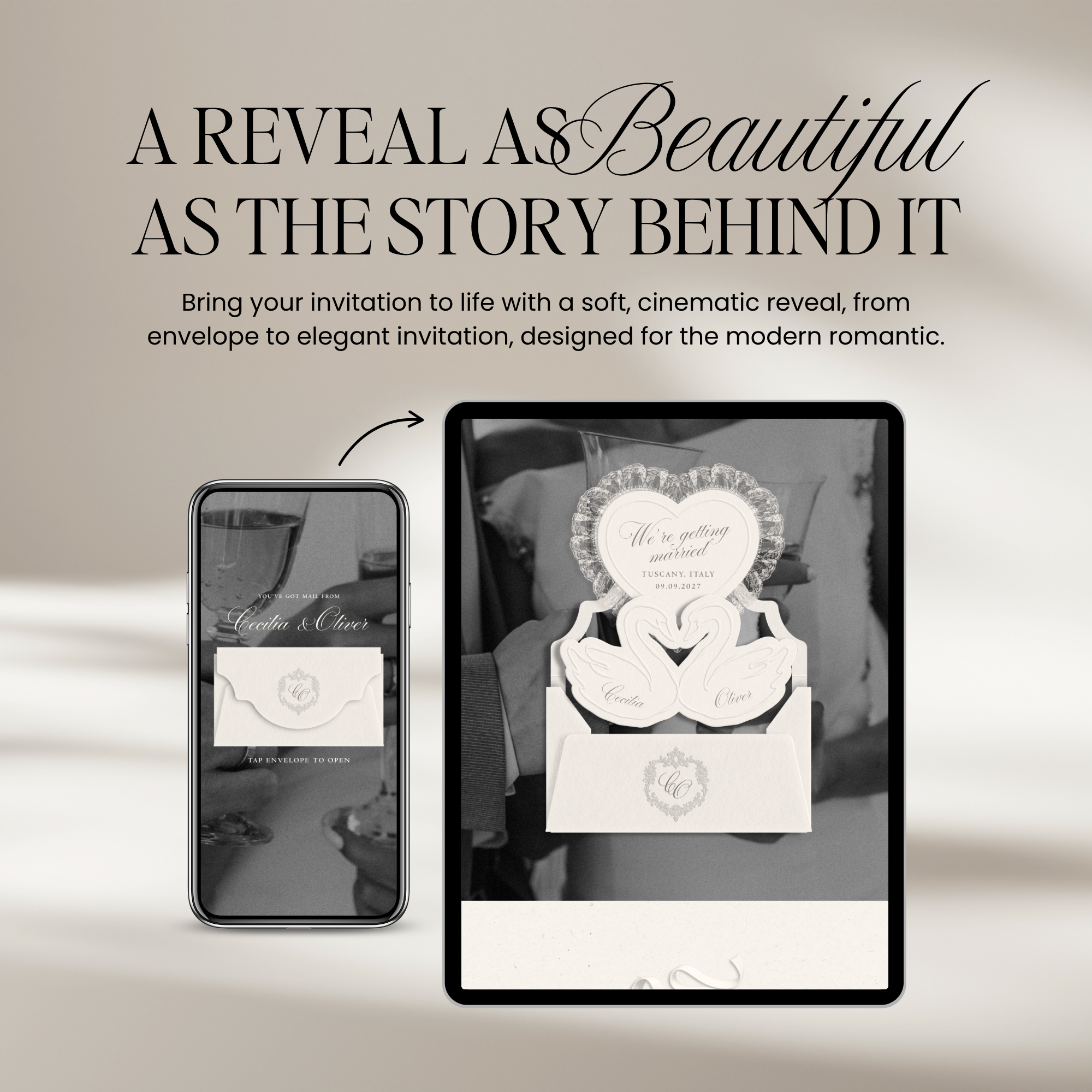 Heirloom Lace & Swan Wedding Website Template with RSVP (Ivory 02)