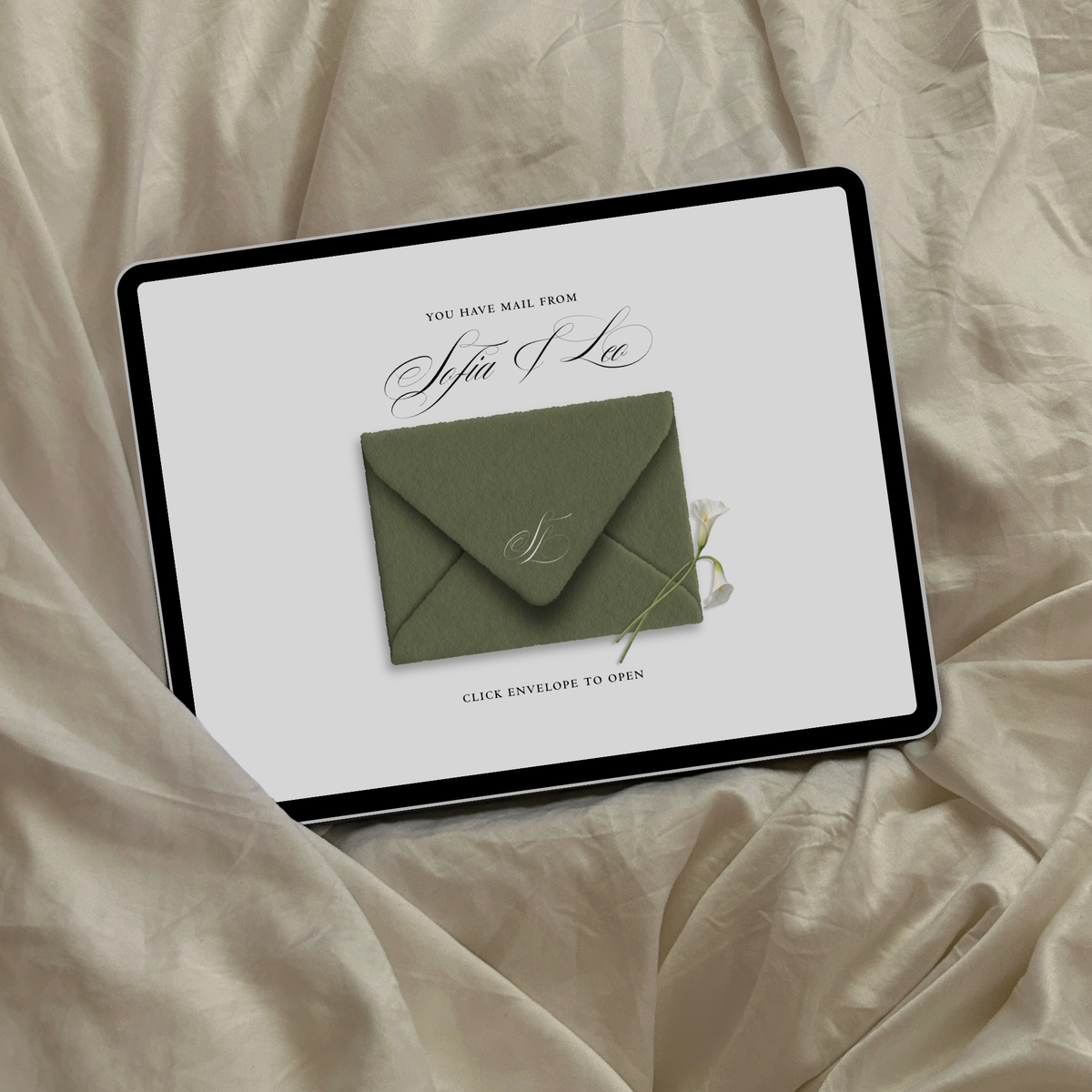 Save The Date Wedding Website Template (Envelope 06 - Sage Green + Ivory)