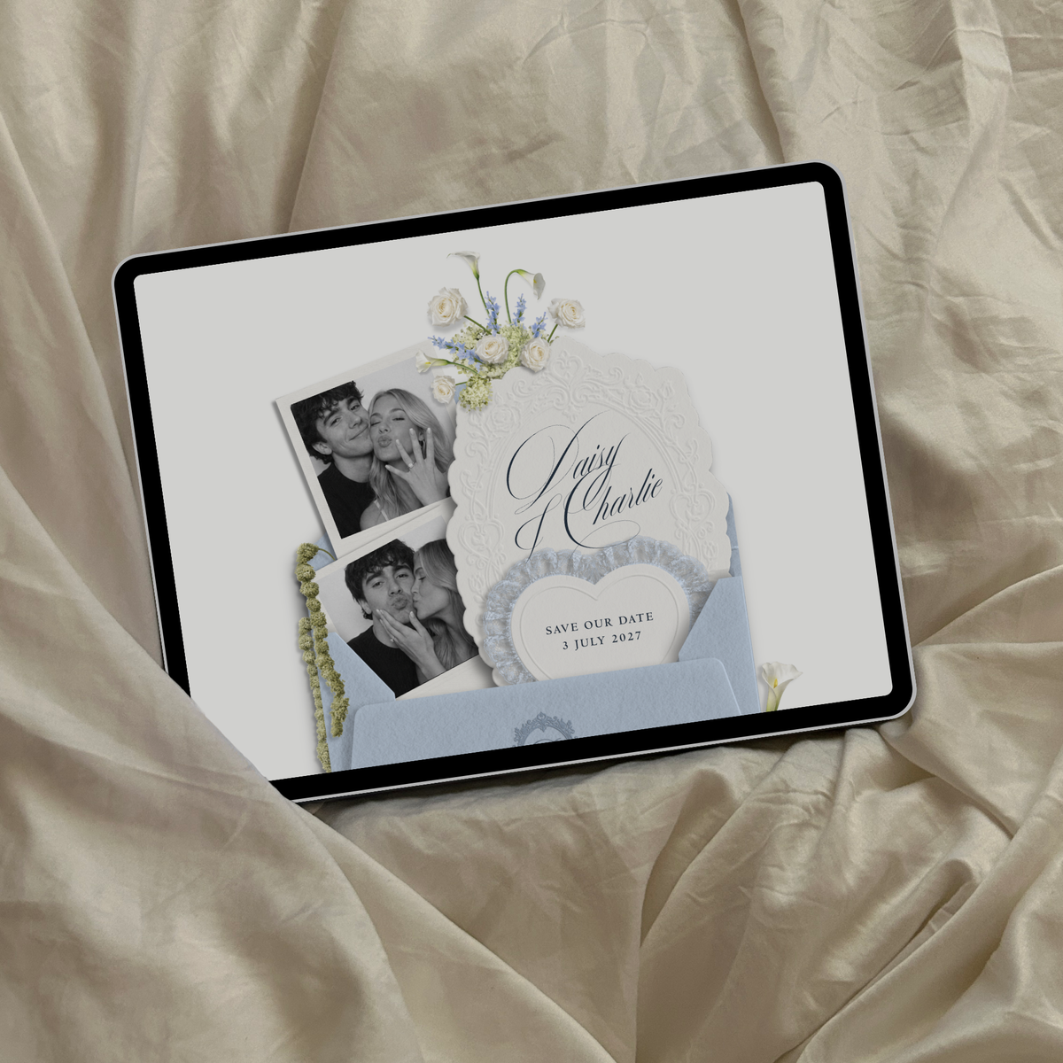 Save The Date Wedding Website Template (Envelope 07 - Blue + Ivory)
