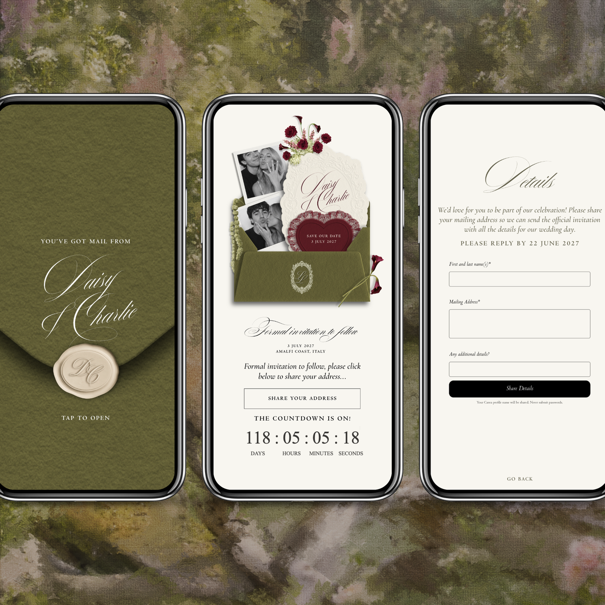 Save The Date Wedding Website Template (Envelope 07 - Green + Burgundy)