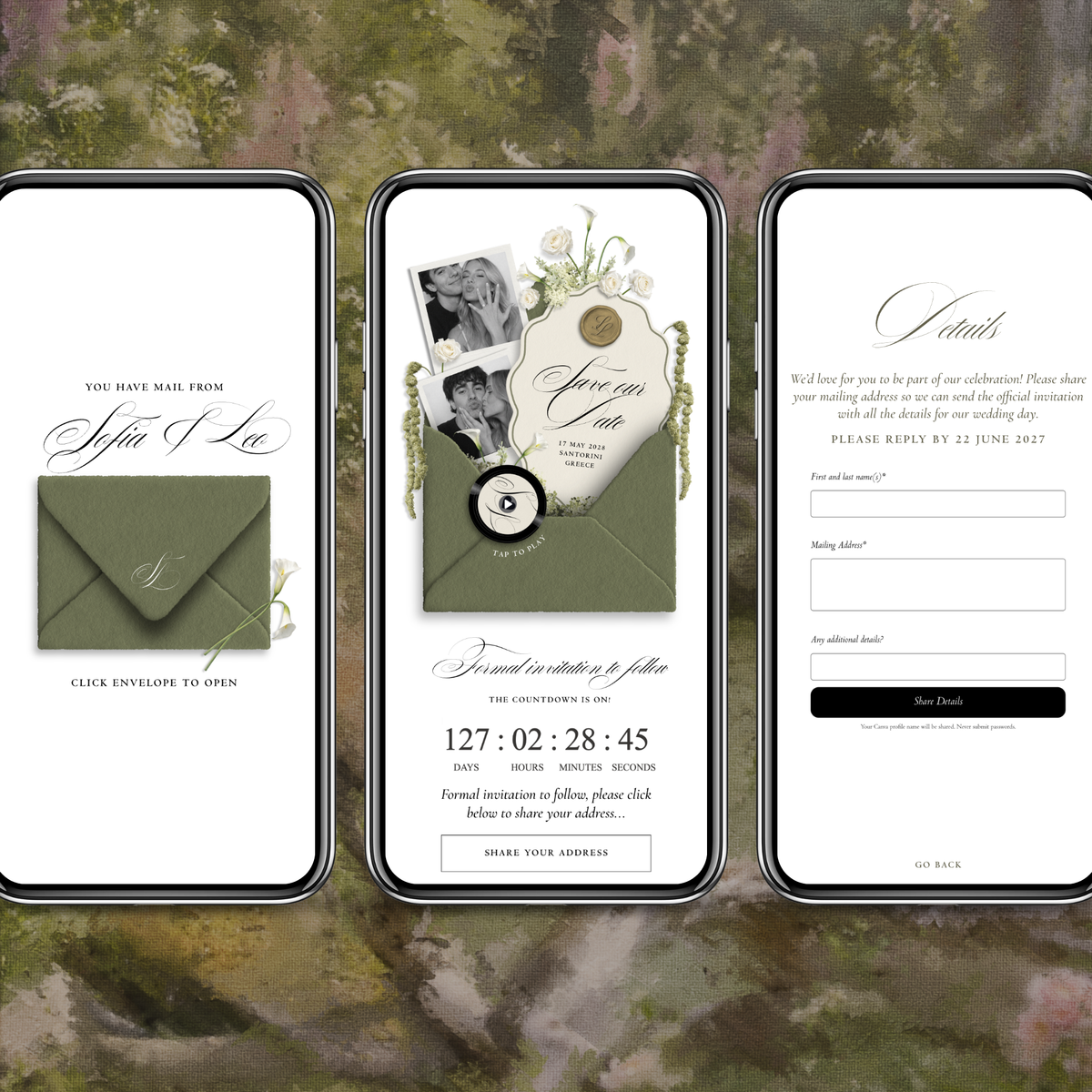Save The Date Wedding Website Template (Envelope 06 - Sage Green + Ivory)
