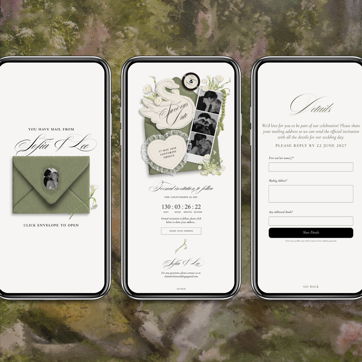 Save The Date Wedding Website Template (Envelope 05 - Sage Green + Ivory)