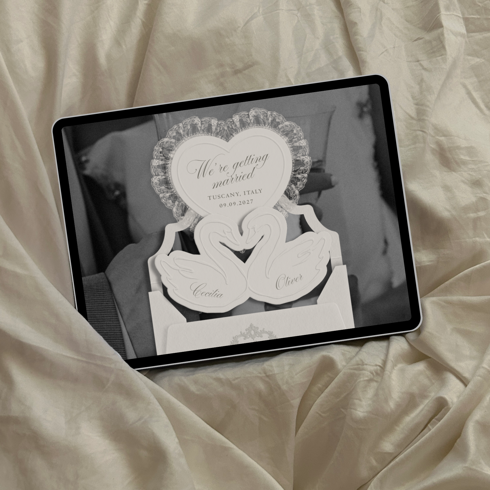 Heirloom Lace & Swan Wedding Website Template with RSVP (Ivory 02)