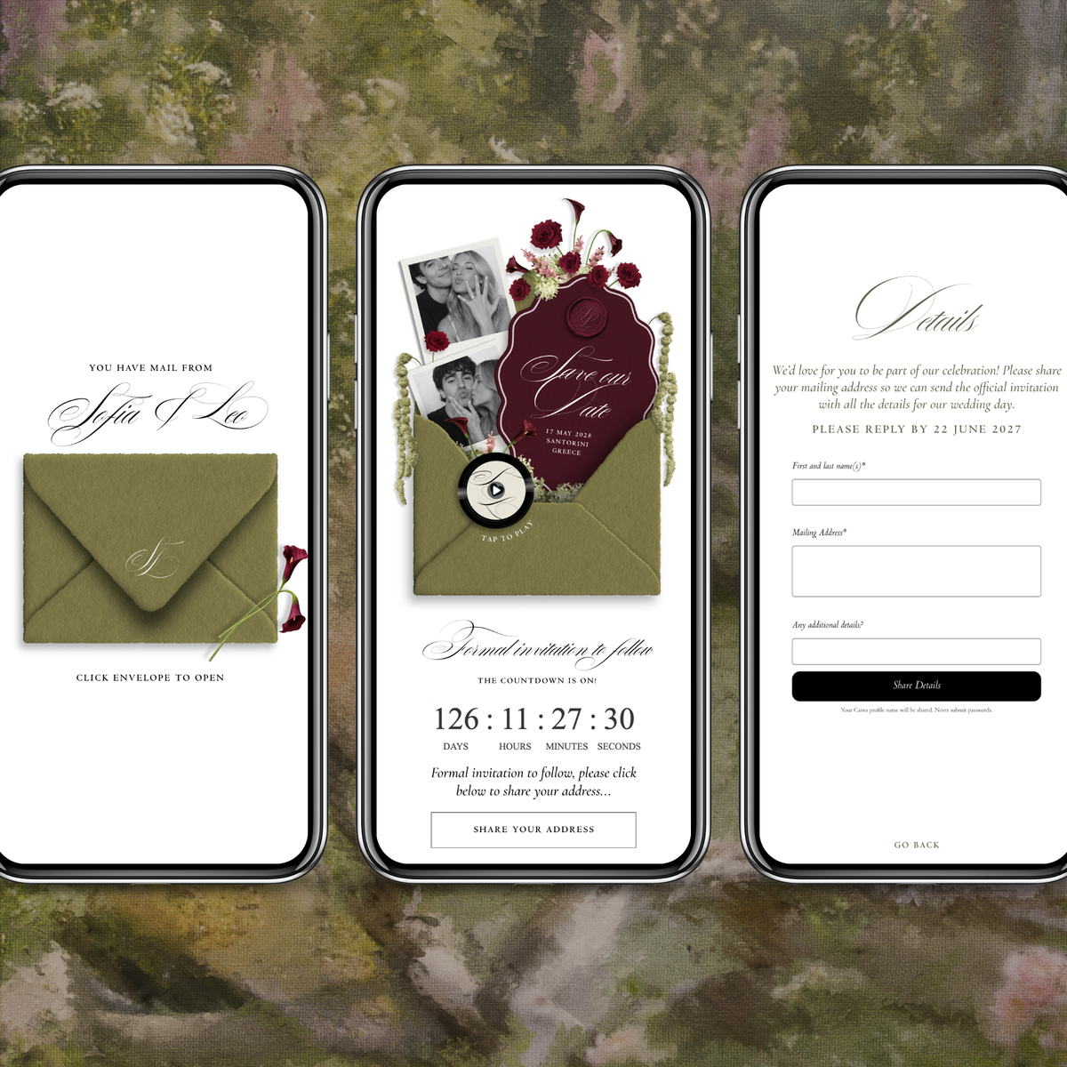Save The Date Wedding Website Template (Envelope 06 - Green + Burgundy)