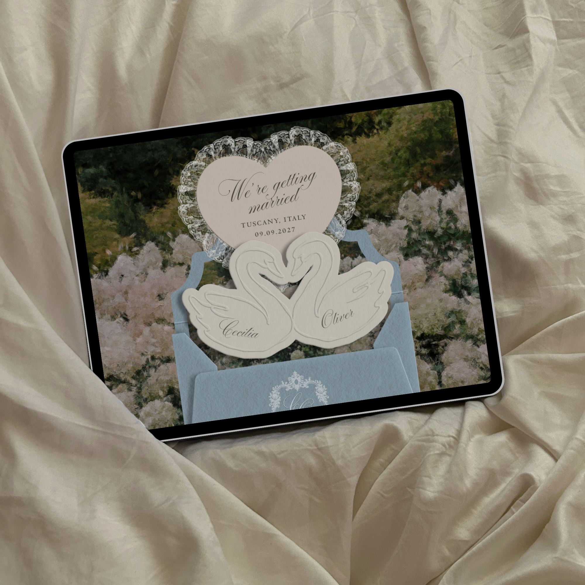Heirloom Lace & Swan Wedding Website Template with RSVP (Blue & Pink)