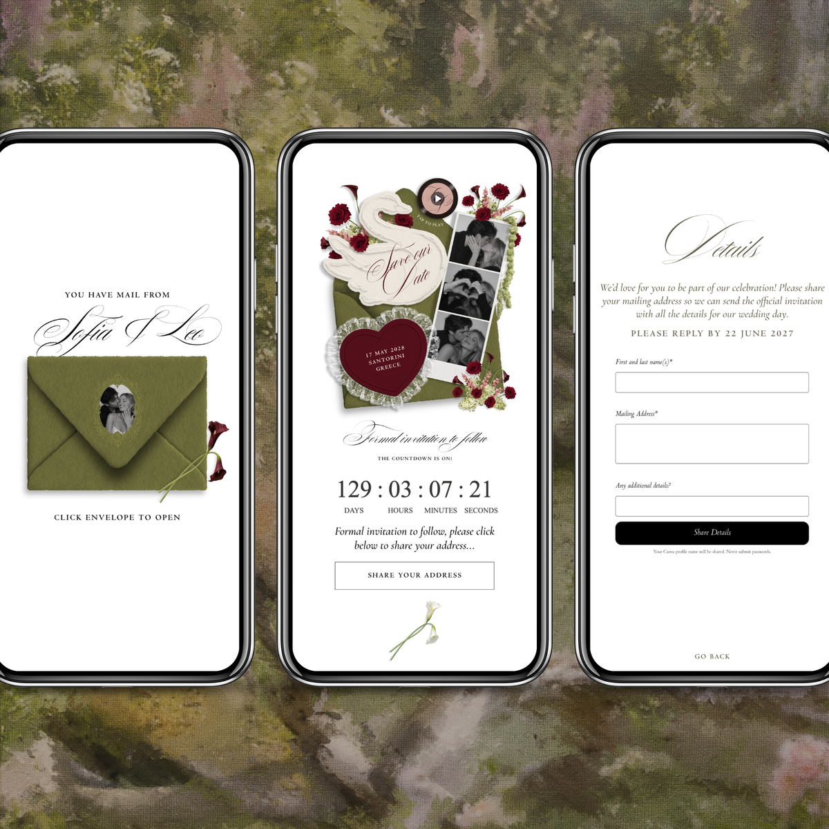 Save The Date Wedding Website Template (Envelope 05 - Green, Pink + Burgundy)