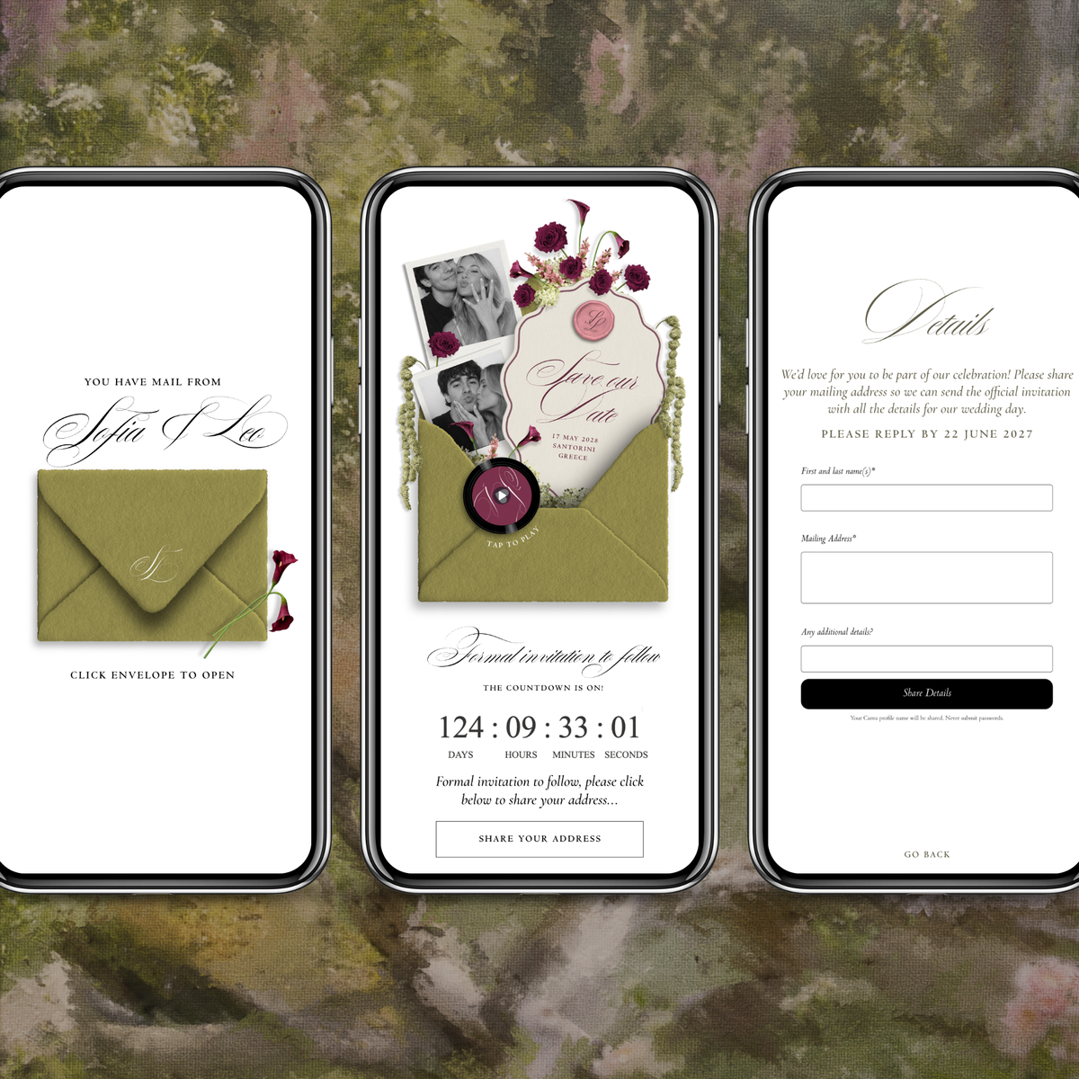 Save The Date Wedding Website Template (Envelope 06 - Chartreuse, Pink + Burgundy)