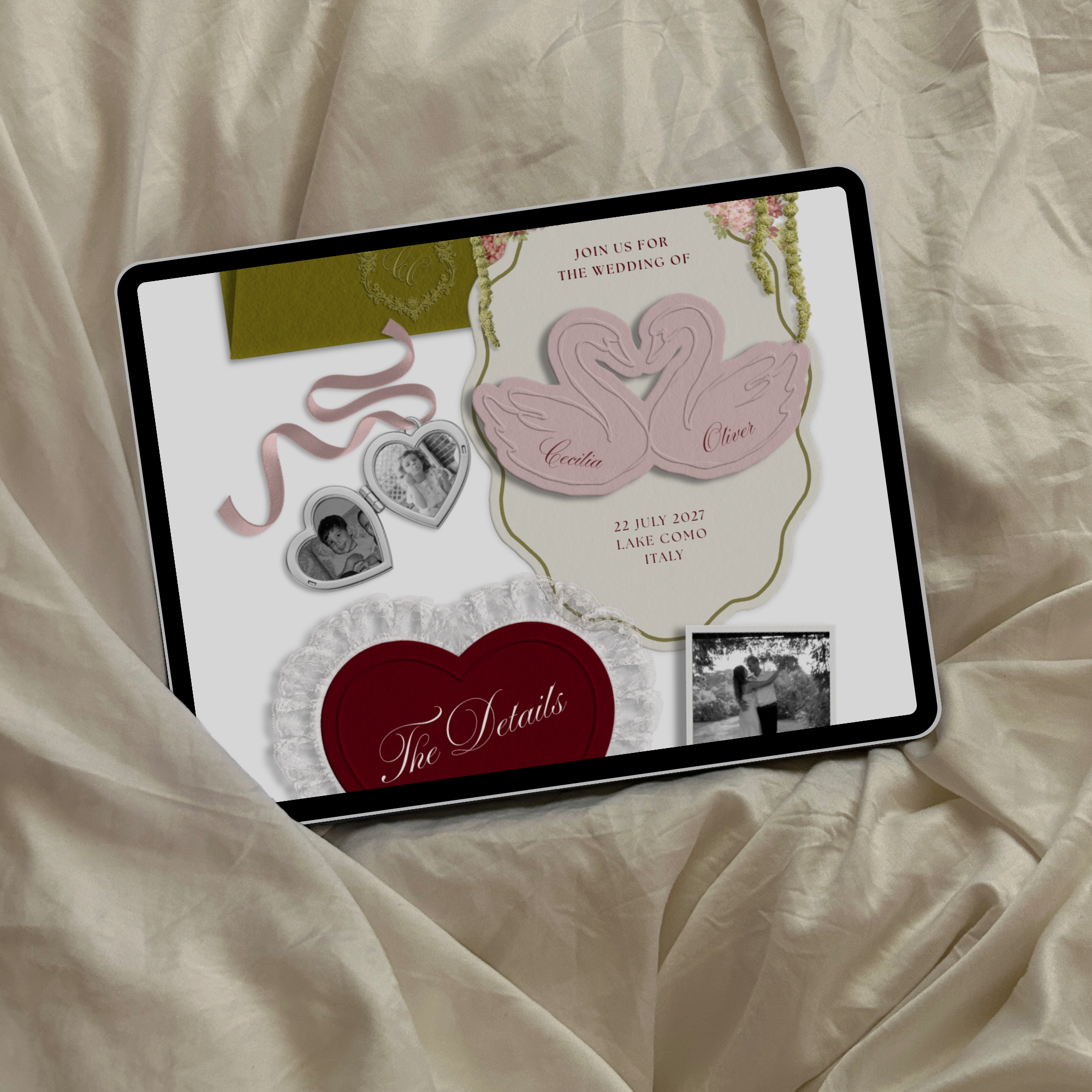Wedding Website Template with RSVP (Envelope 04 - Olive Green & Burgundy)