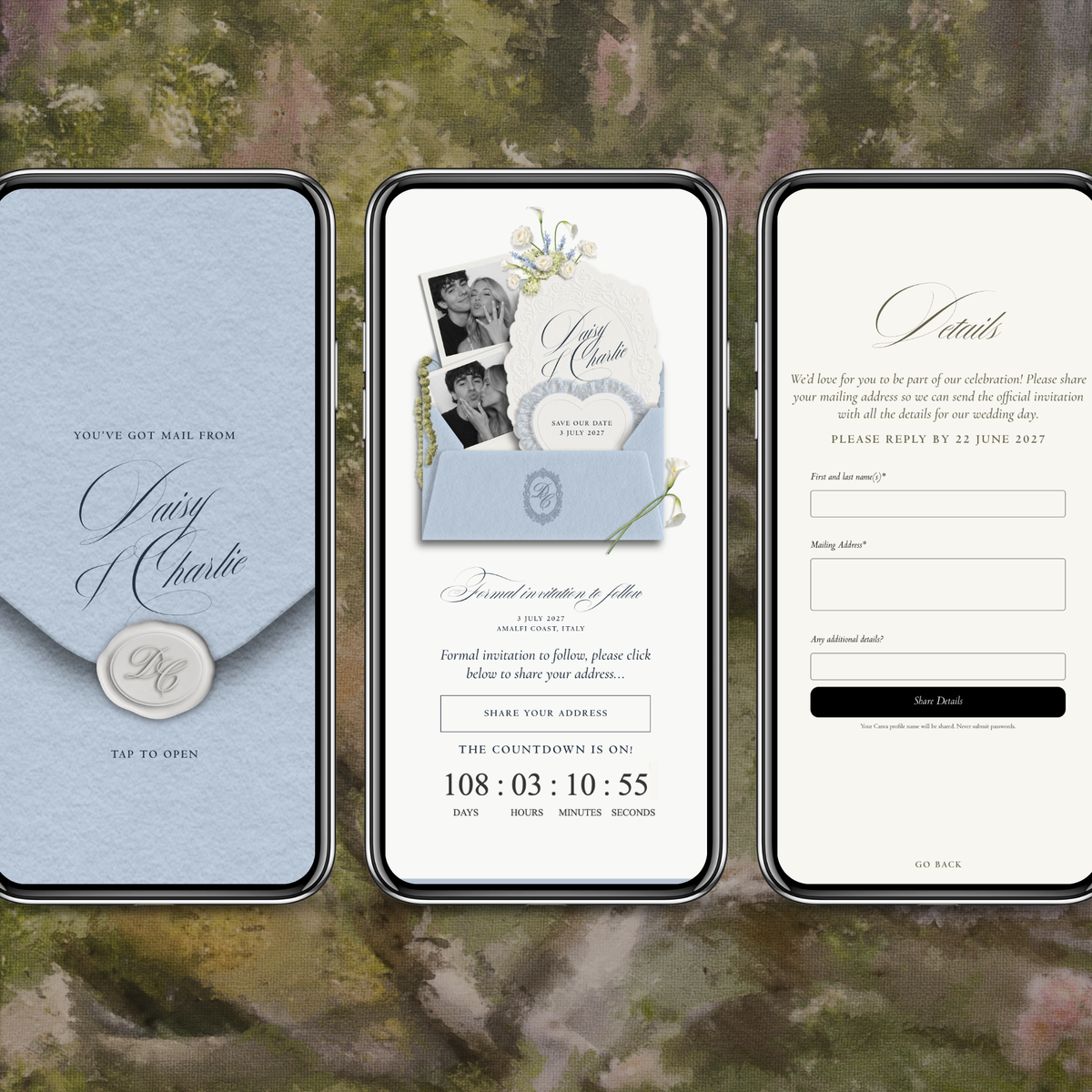Save The Date Wedding Website Template (Envelope 07 - Blue + Ivory)