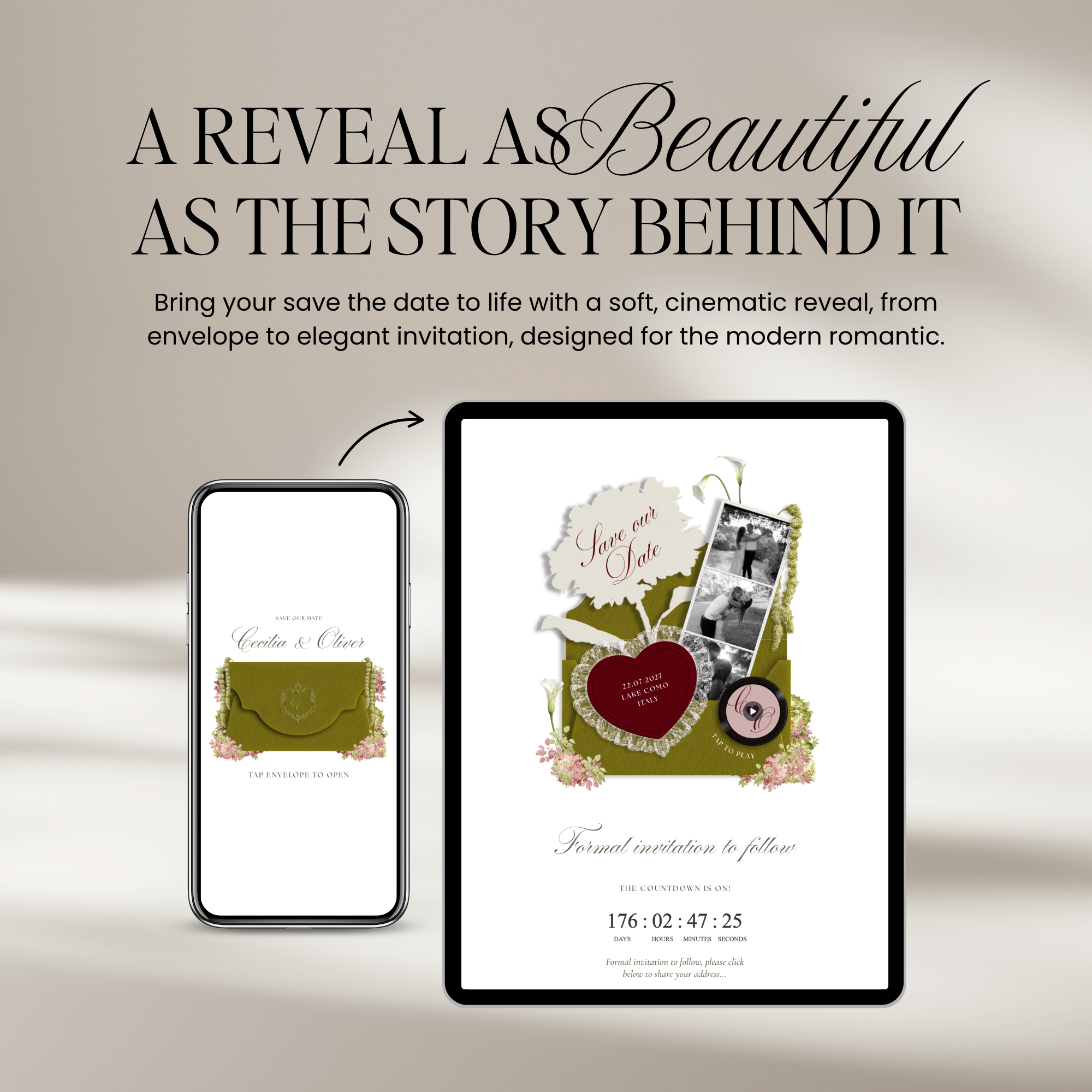 Save The Date Wedding Website Template (Envelope 04 - Olive Green & Burgundy)