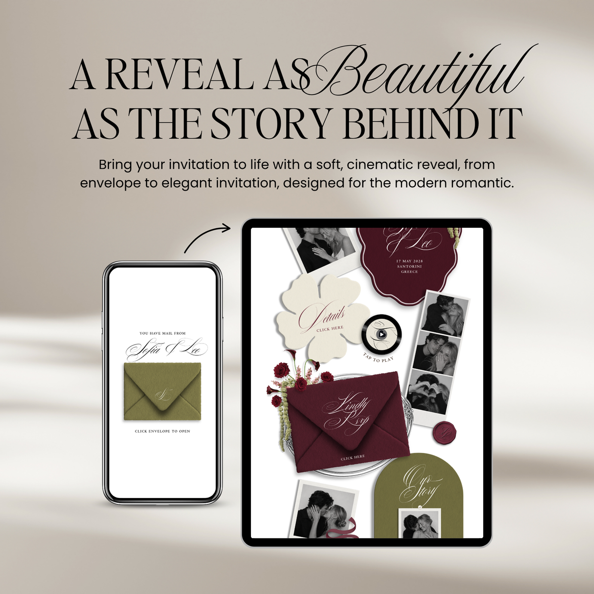 Wedding Website Template with RSVP (Envelope 06 - Green + Burgundy)