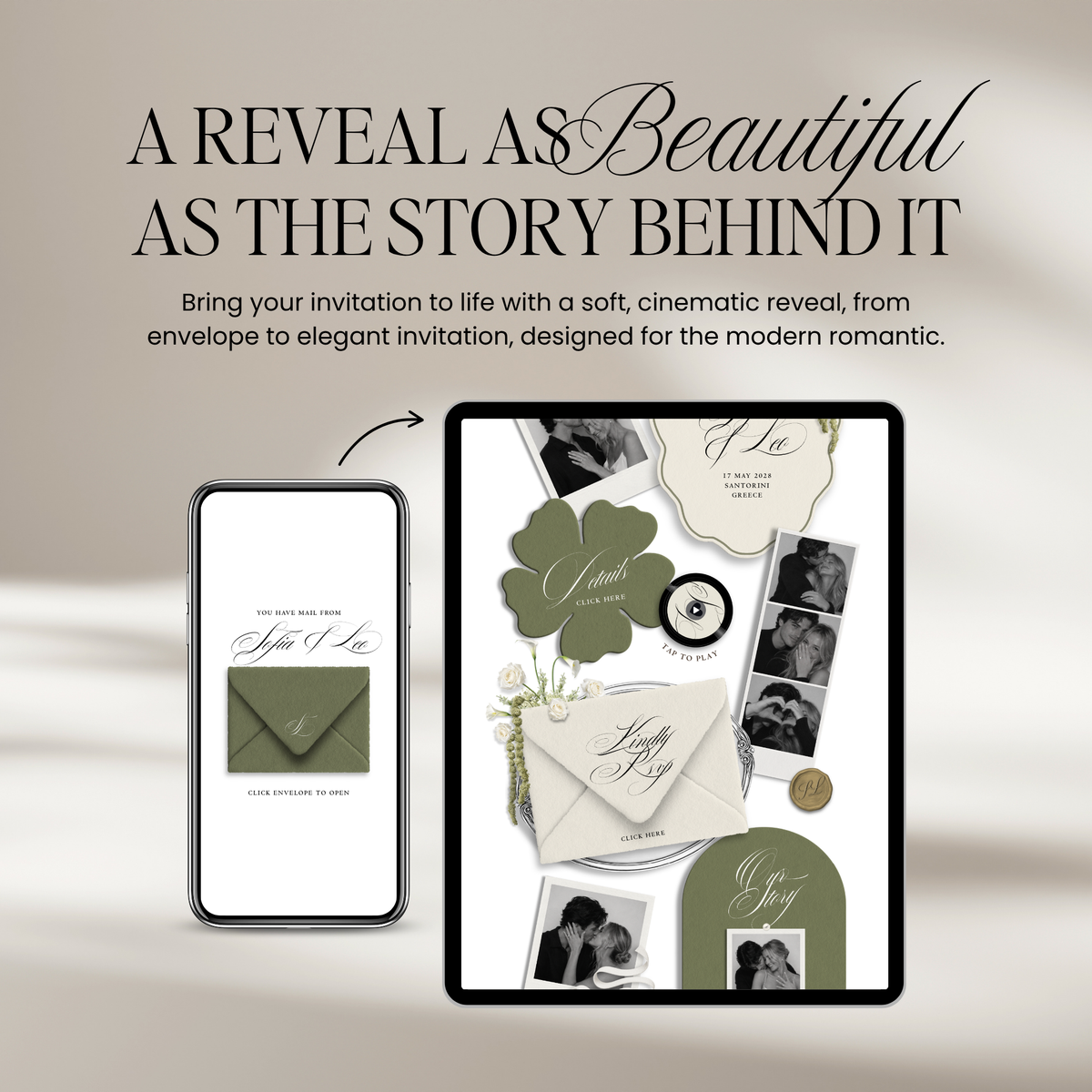 Wedding Website Template with RSVP (Envelope 06 - Sage Green + Ivory)