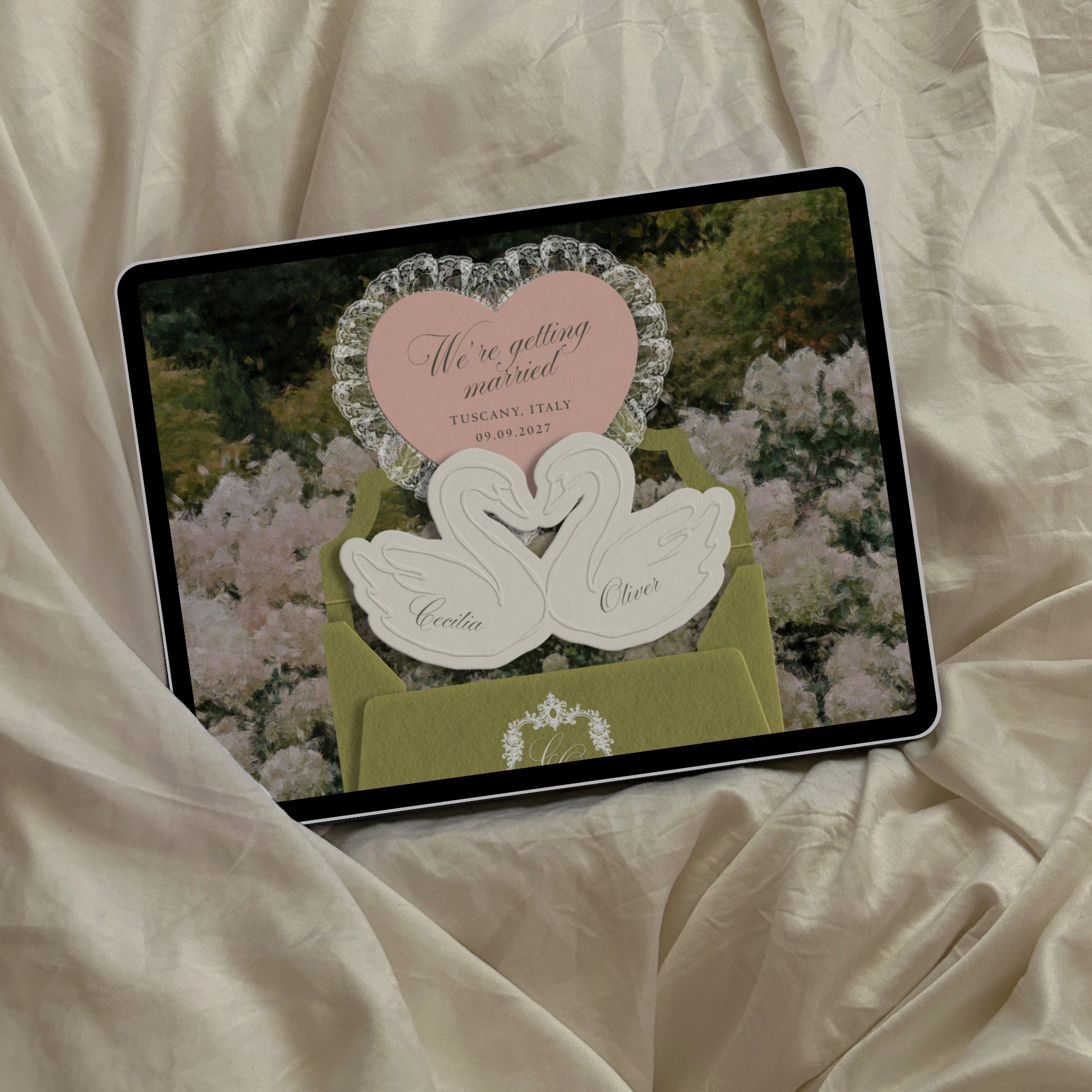 Heirloom Lace & Swan Wedding Website Template with RSVP (Green & Pink)