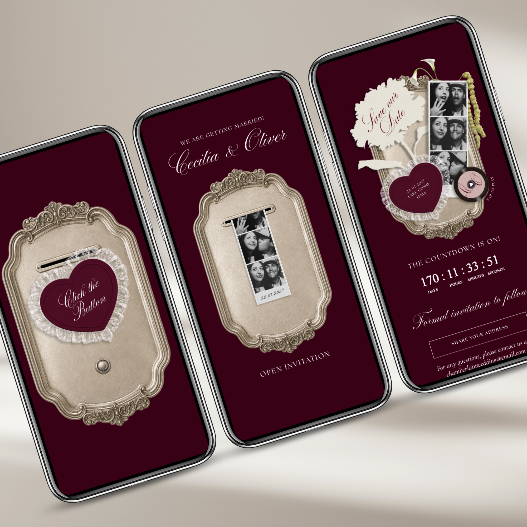 Save The Date Wedding Website Template (Photo Booth Animation 01 - Burgundy)