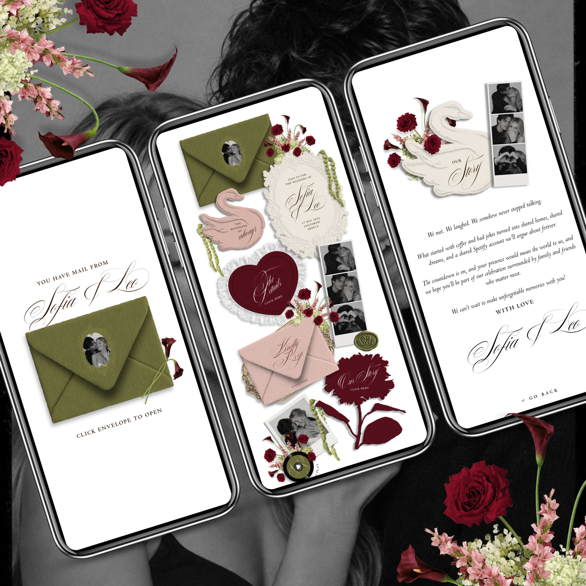 Wedding Website Template with RSVP (Envelope 05 - Green, Pink + Burgundy)