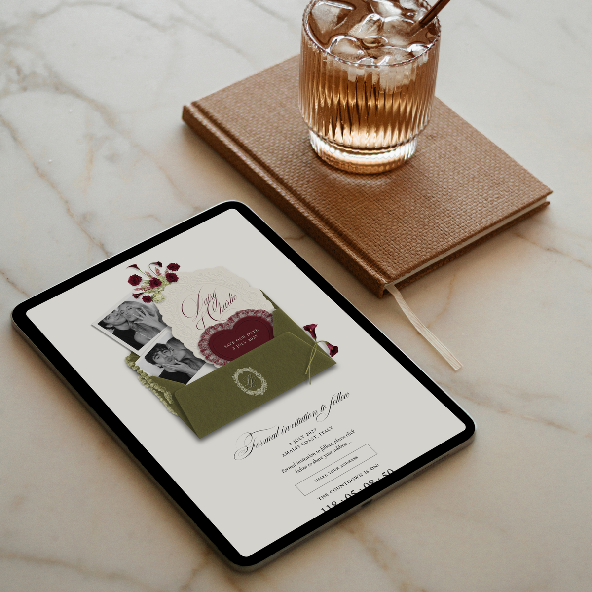 Save The Date Wedding Website Template (Envelope 07 - Green + Burgundy)