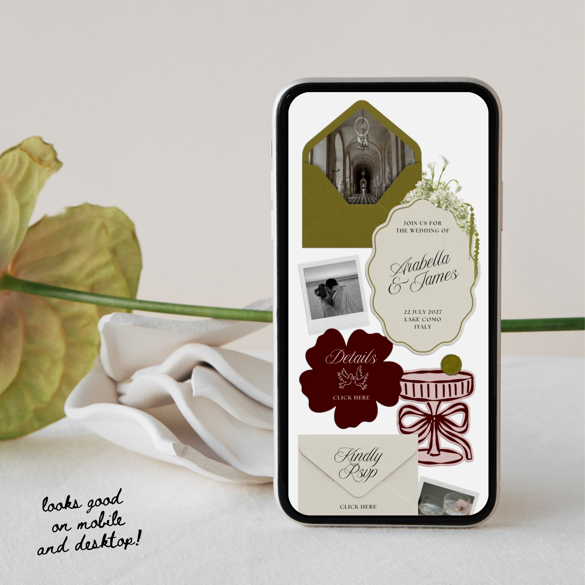 Wedding Website Template with RSVP (Olive Green & Burgundy)