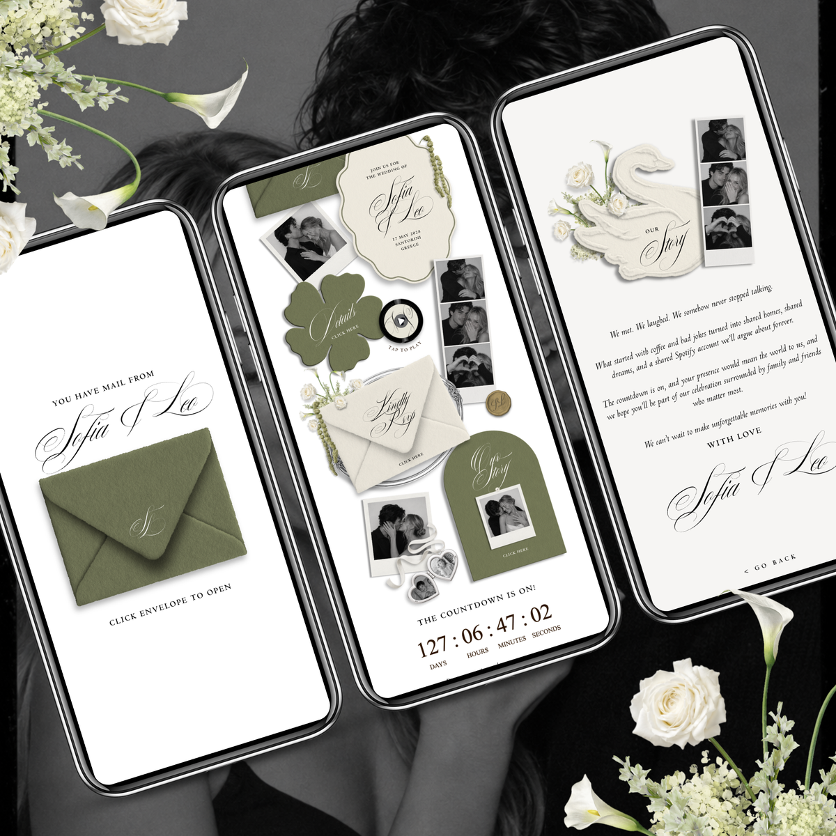 Wedding Website Template with RSVP (Envelope 06 - Sage Green + Ivory)