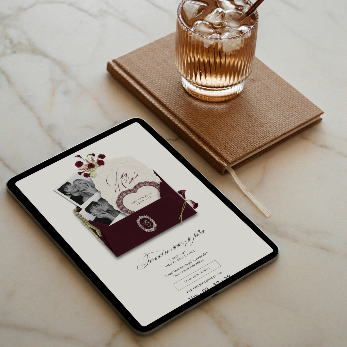 Save The Date Wedding Website Template (Envelope 07 - Burgundy + Ivory)