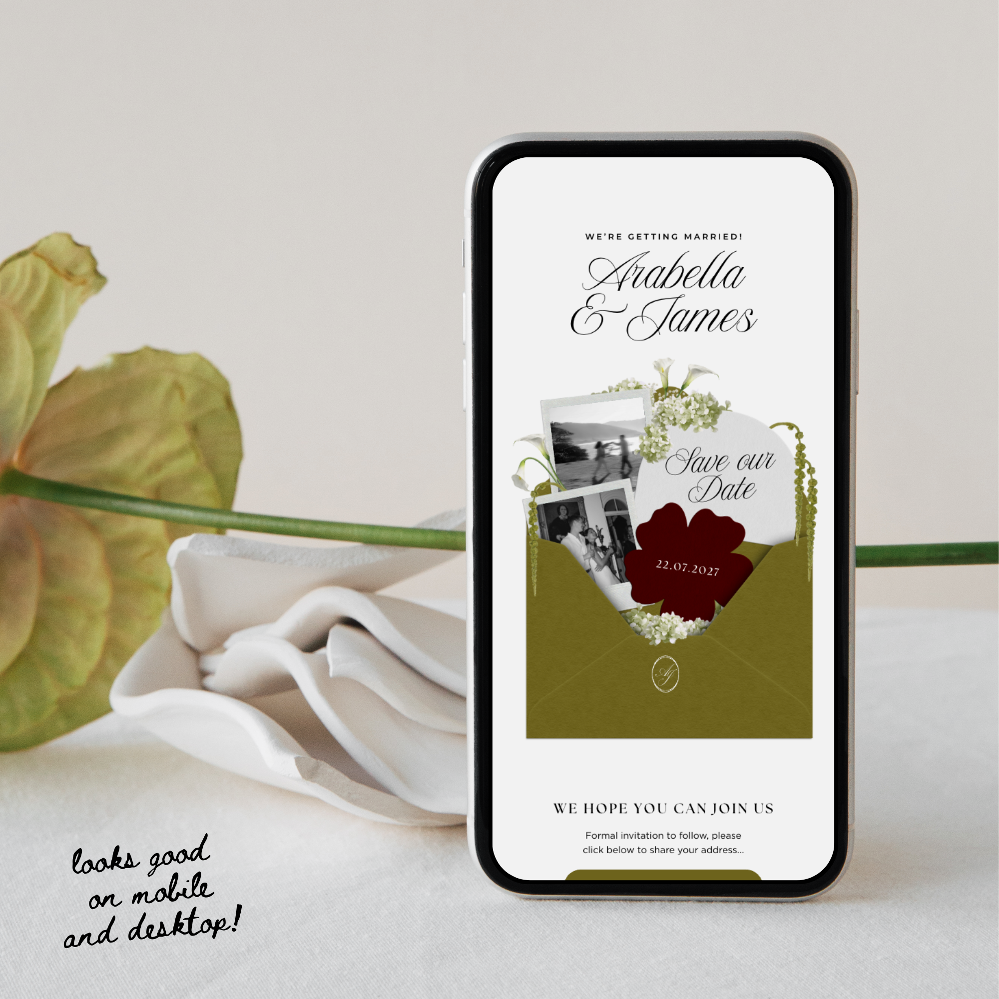 Save The Date Wedding Website Template (Olive Green & Burgundy)