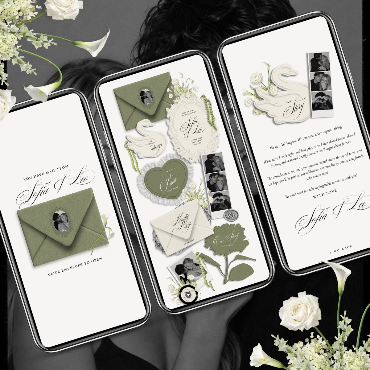 Wedding Website Template with RSVP (Envelope 05 - Sage Green + Ivory)