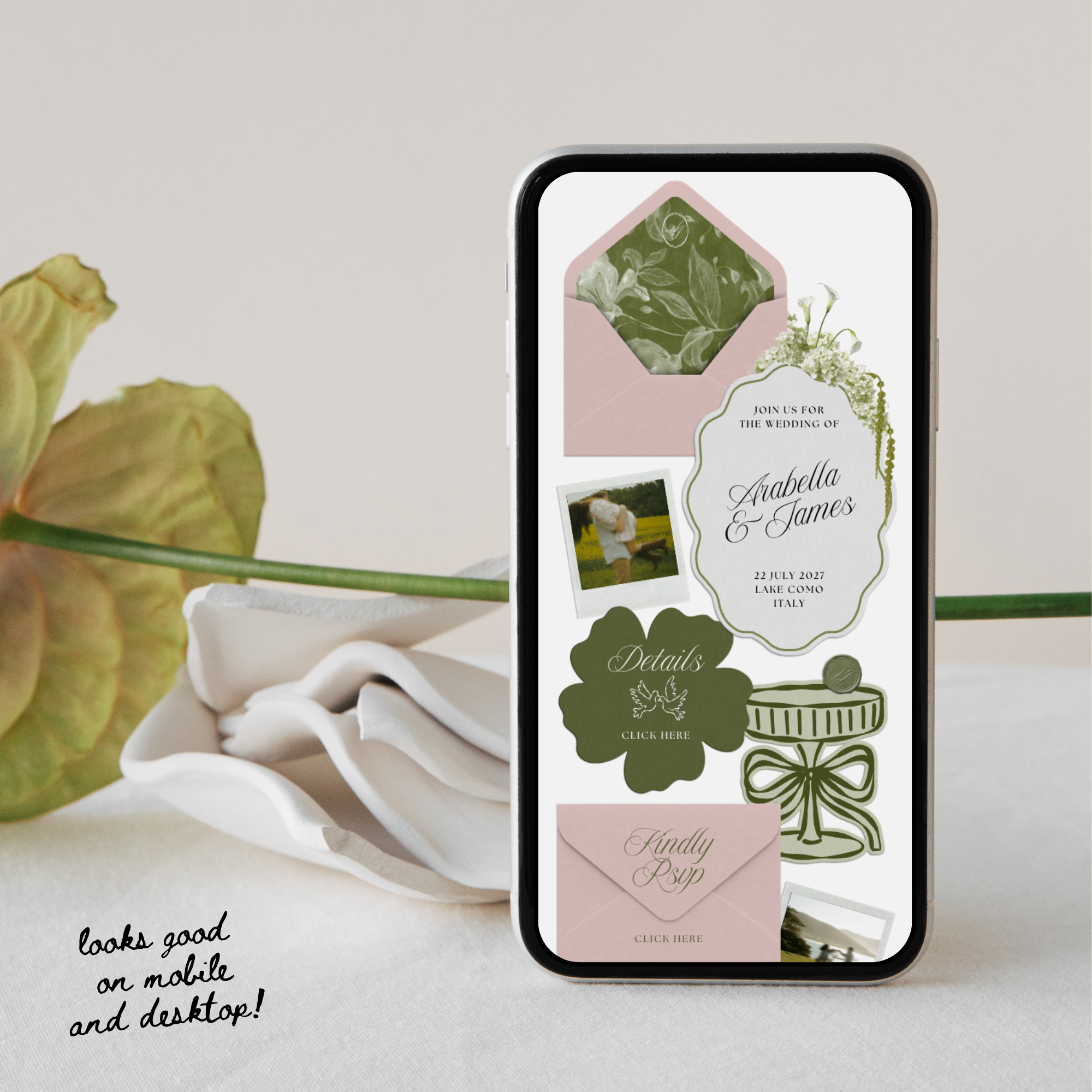 Wedding Website Template with RSVP (Pink & Green)