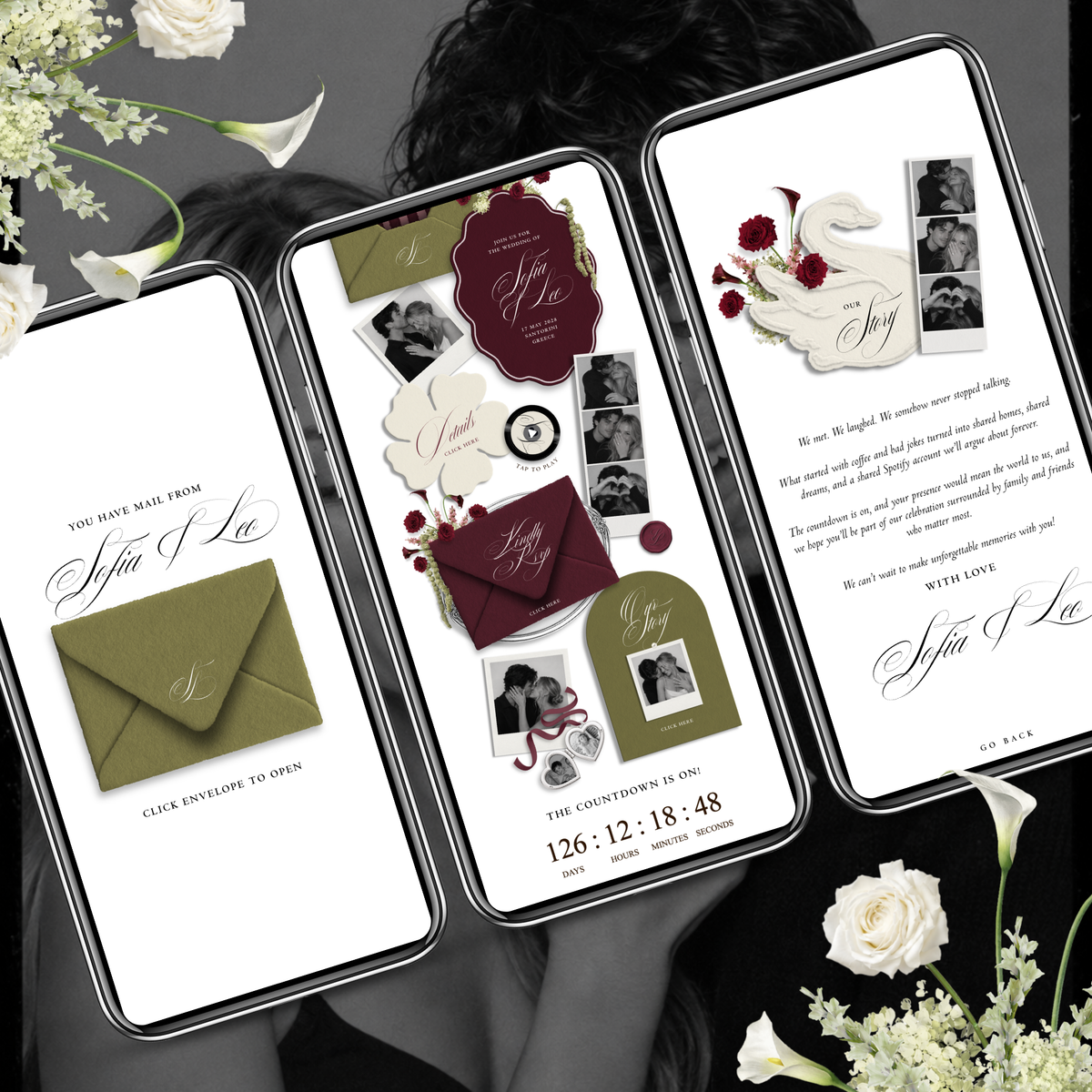 Wedding Website Template with RSVP (Envelope 06 - Green + Burgundy)