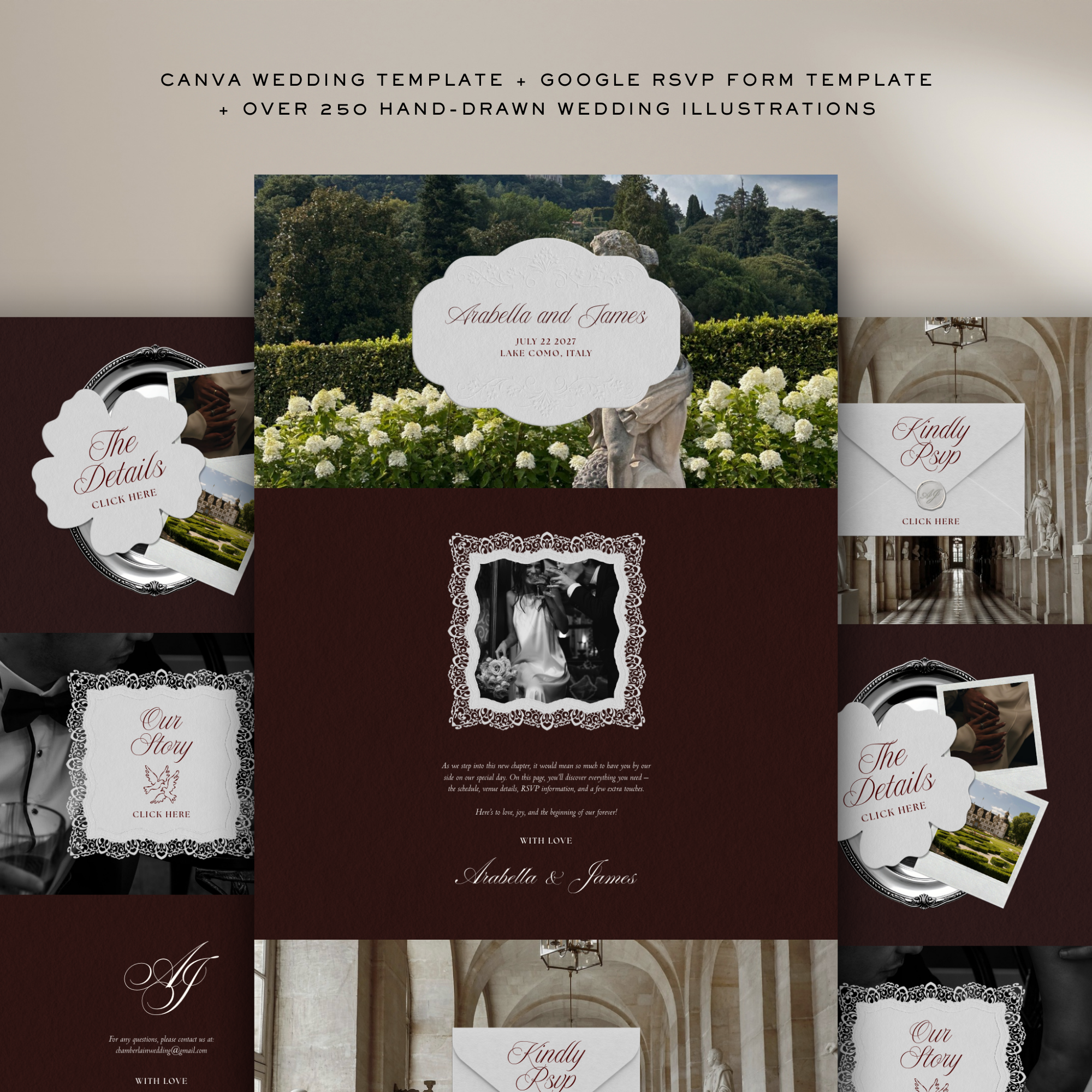 Old Money Wedding Website Template with RSVP (Burgundy)