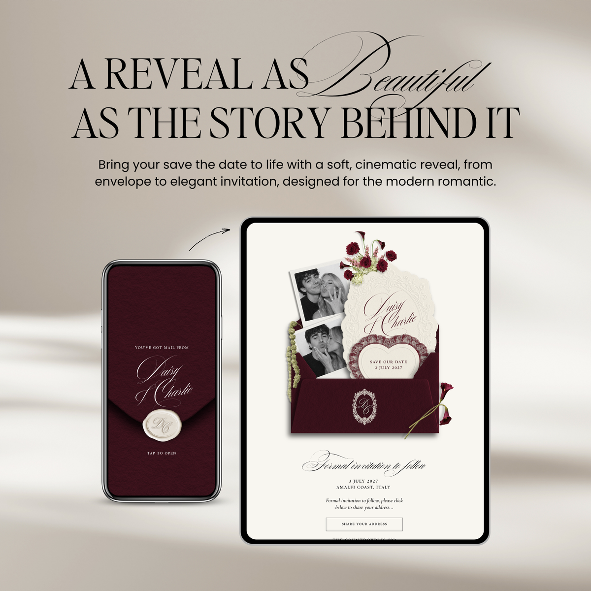 Save The Date Wedding Website Template (Envelope 07 - Burgundy + Ivory)