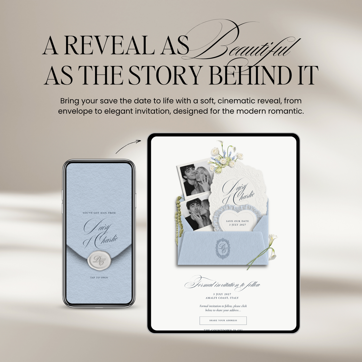 Save The Date Wedding Website Template (Envelope 07 - Blue + Ivory)