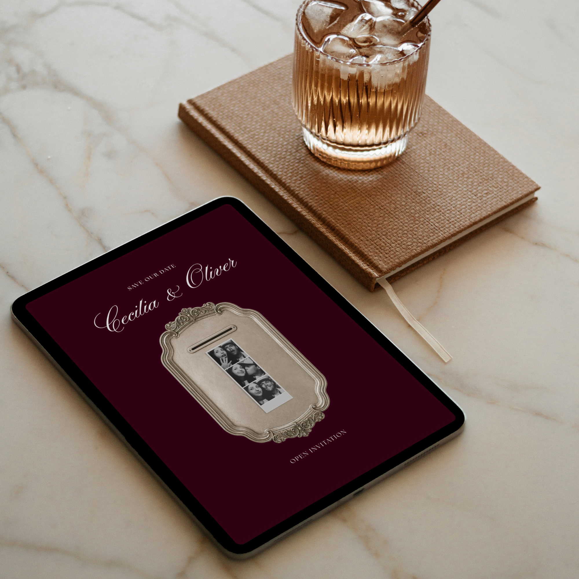 Save The Date Wedding Website Template (Photo Booth Animation 01 - Burgundy)