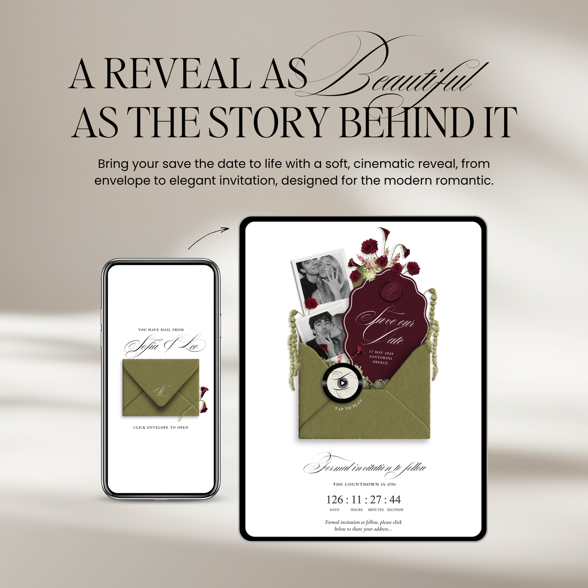 Save The Date Wedding Website Template (Envelope 06 - Green + Burgundy)