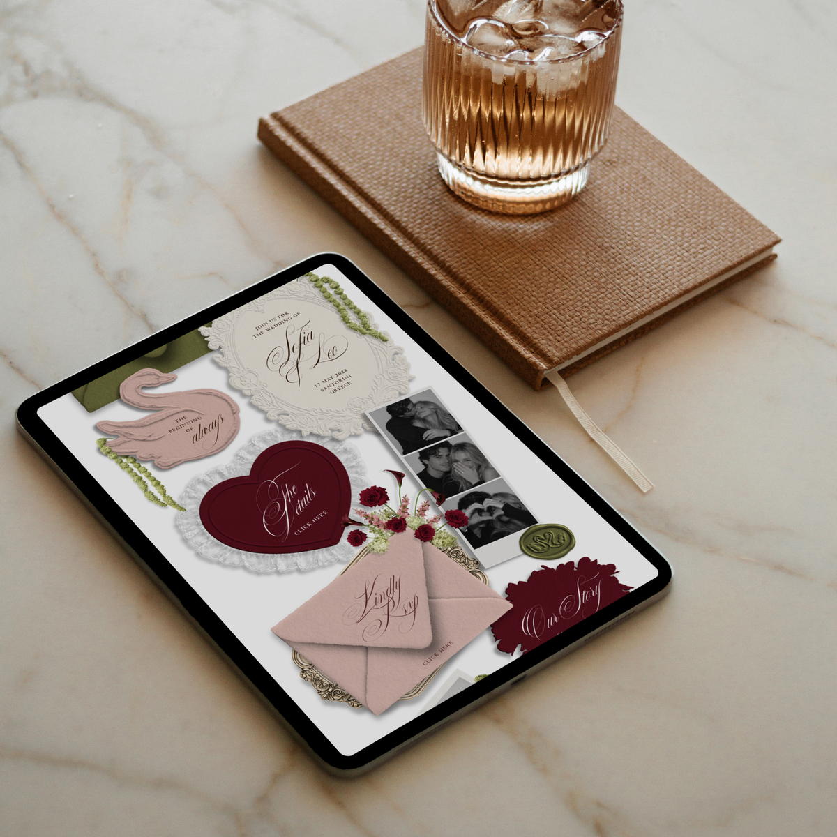 Wedding Website Template with RSVP (Envelope 05 - Green, Pink + Burgundy)