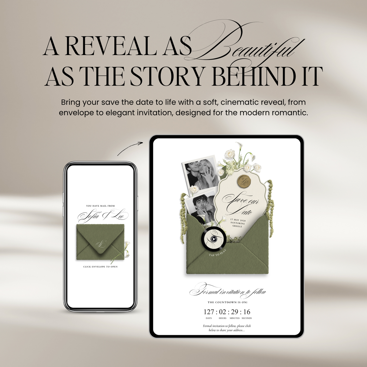 Save The Date Wedding Website Template (Envelope 06 - Sage Green + Ivory)