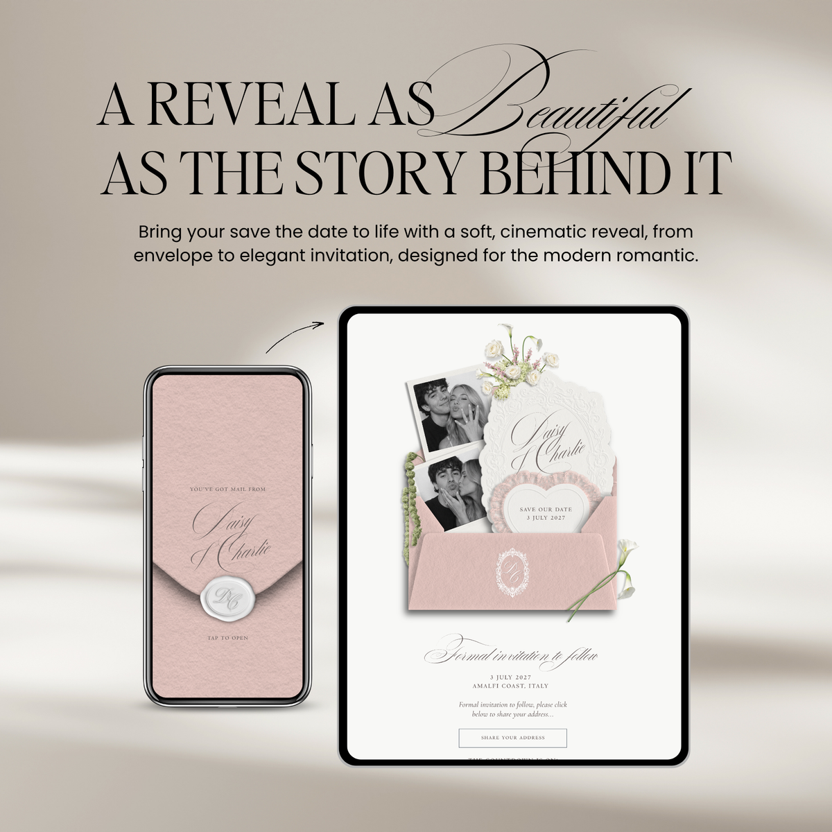 Save The Date Wedding Website Template (Envelope 07 - Pink + Ivory)